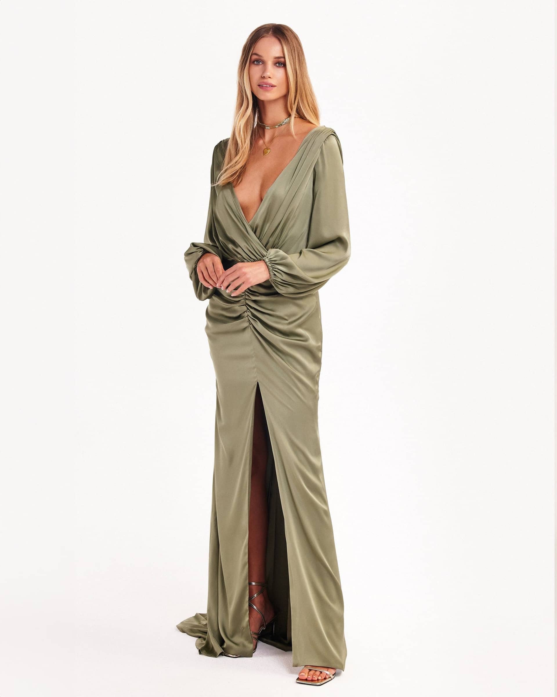 Fancy olive silk maxi evening dress made by Milla