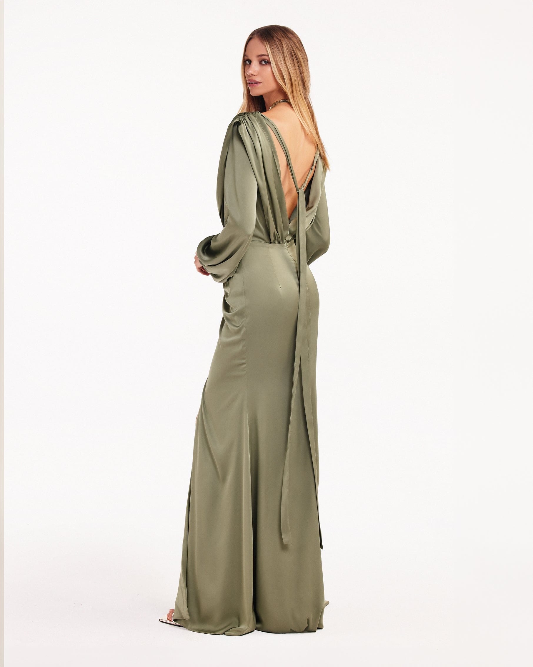 Fancy olive silk maxi evening dress made by Milla