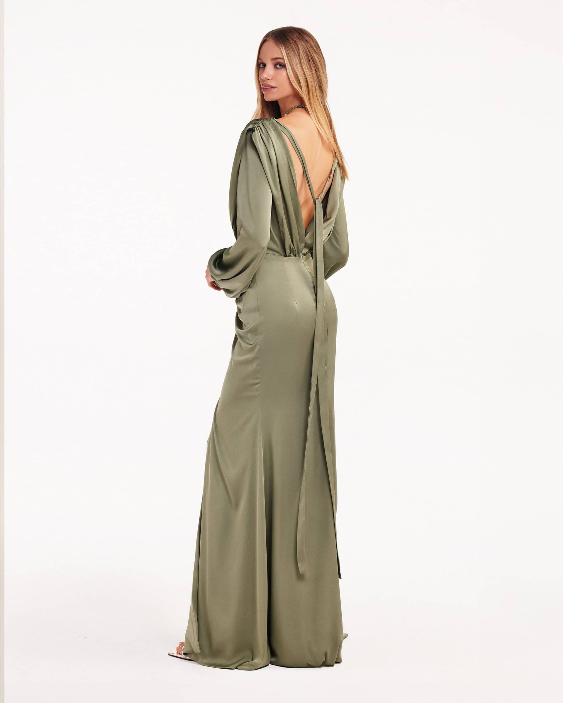 Fancy olive silk maxi evening dress made by Milla