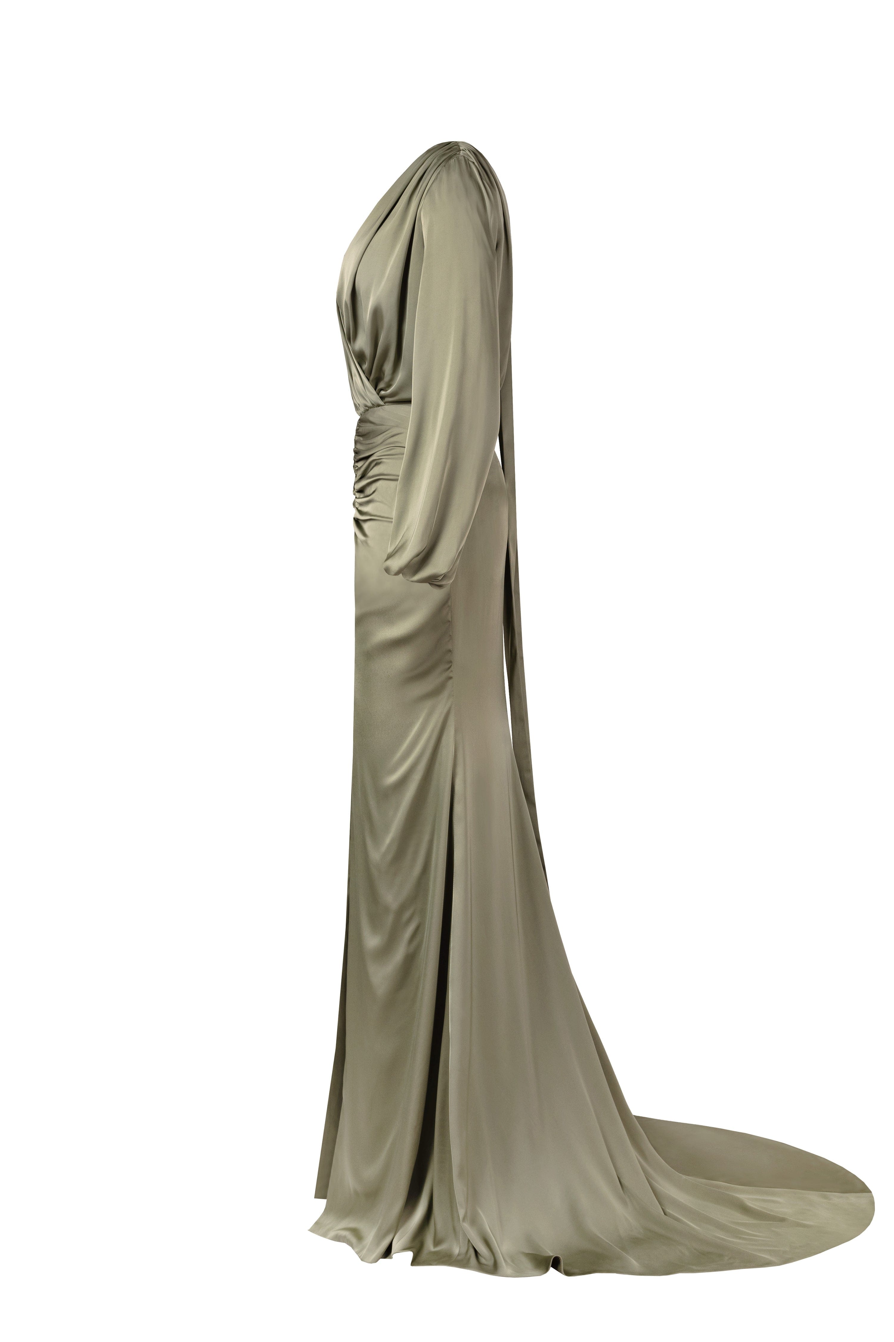 Fancy olive silk maxi evening dress made by Milla