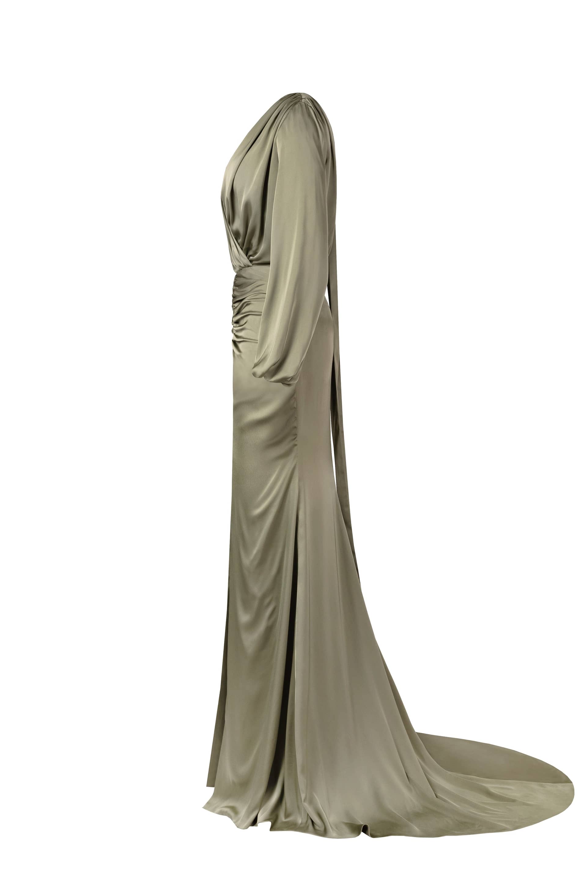 Fancy olive silk maxi evening dress made by Milla