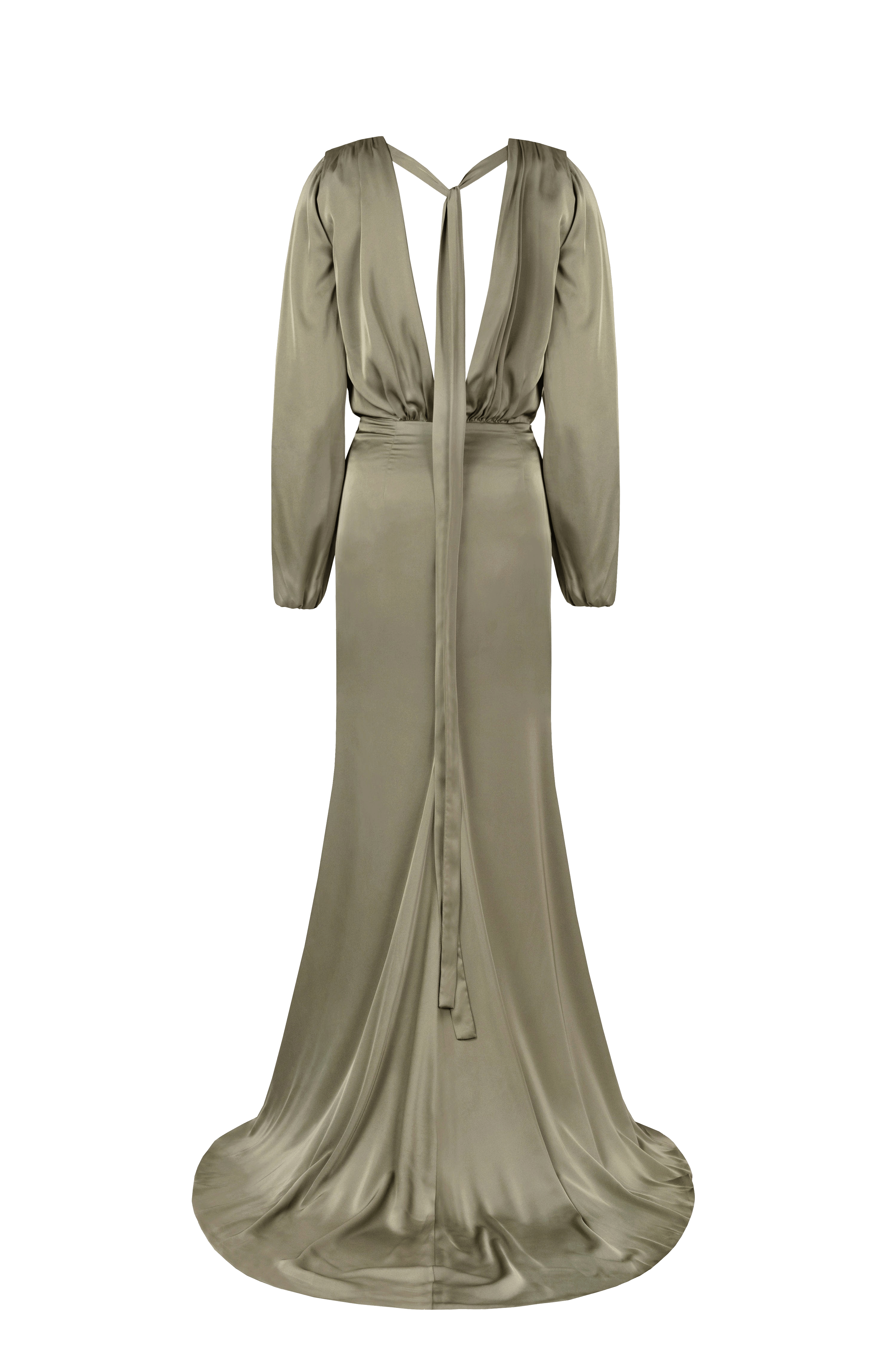 Fancy olive silk maxi evening dress made by Milla