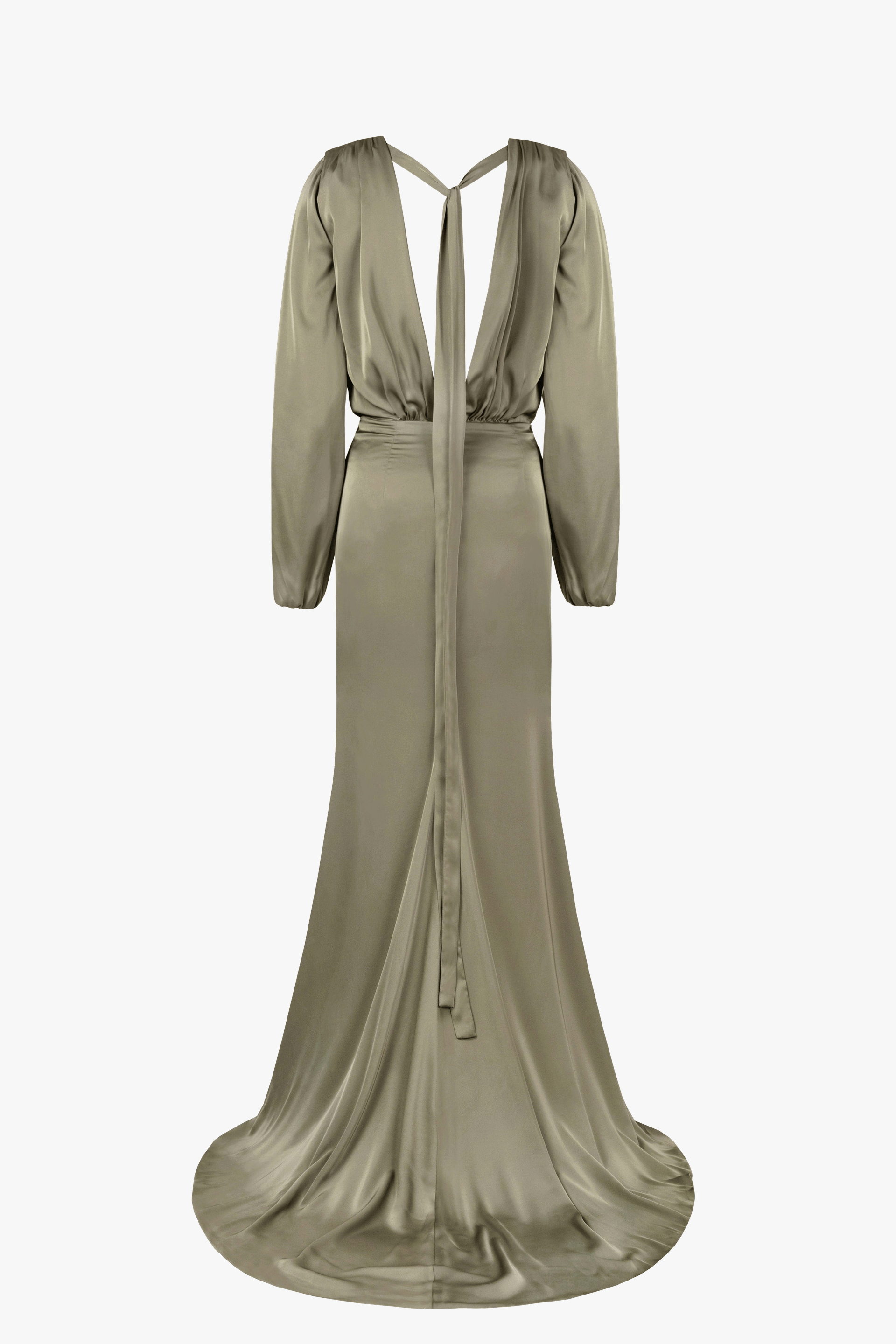 Fancy olive silk maxi evening dress made by Milla