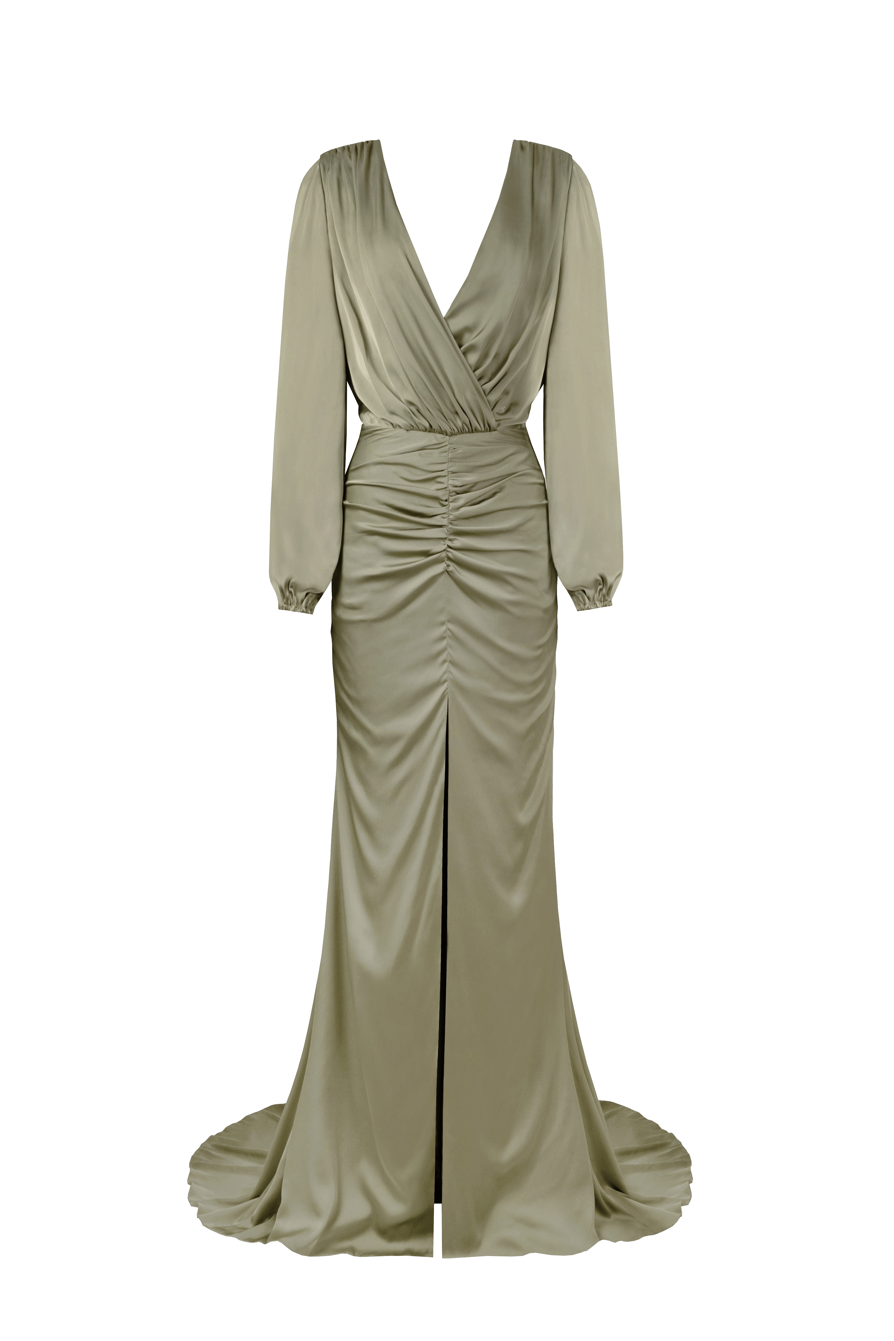 Fancy olive silk maxi evening dress made by Milla