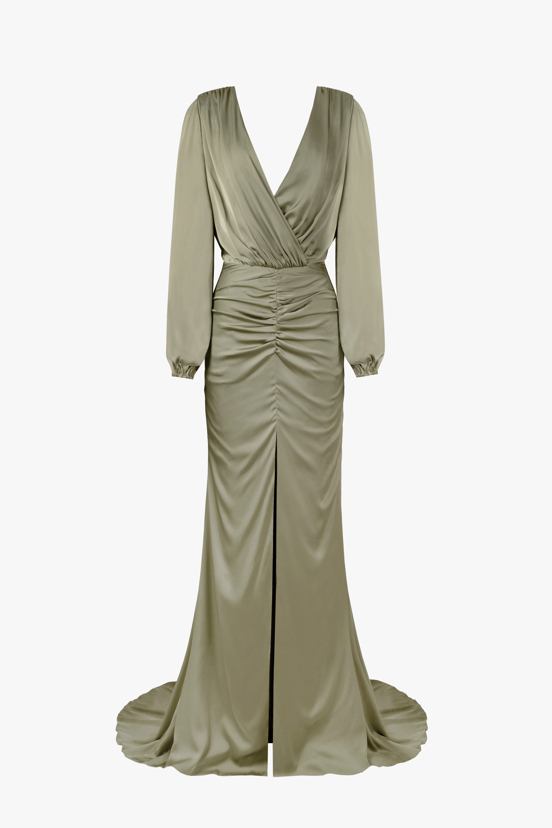 Fancy olive silk maxi evening dress made by Milla