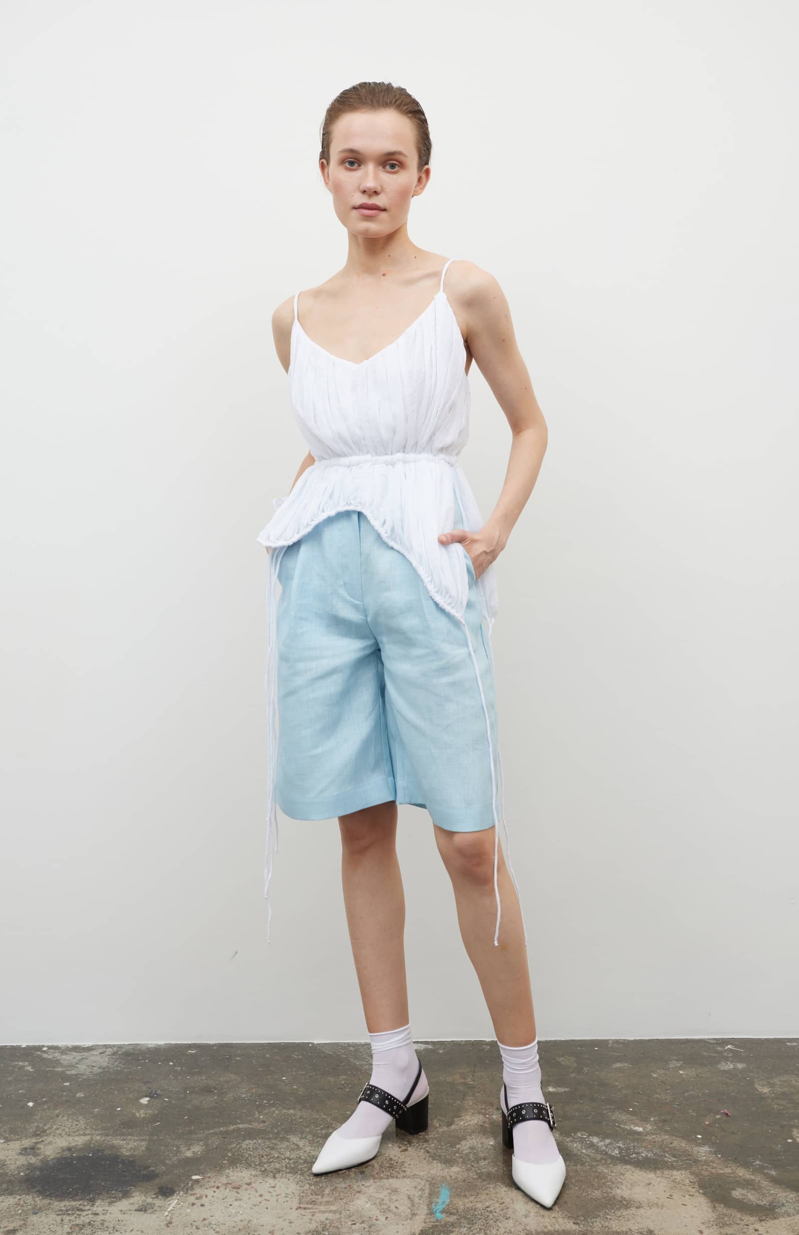 Knee-length H-line shorts made by Tamar Keburia