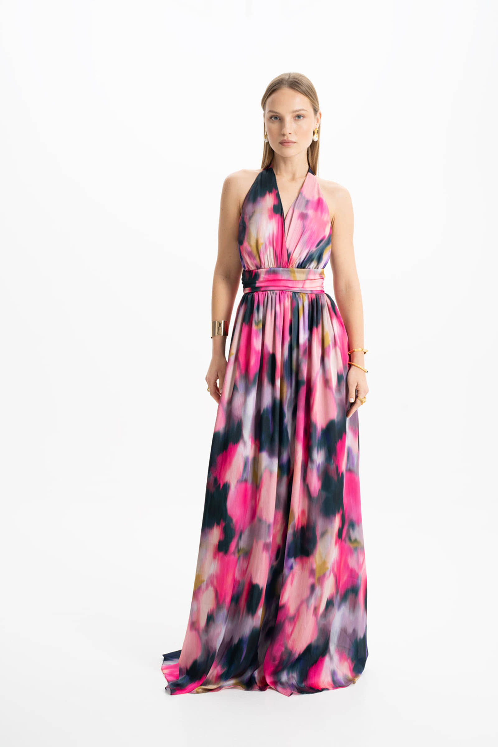 Diana Satin Multi Color Draped Maxi Dress made by Lora Istanbul
