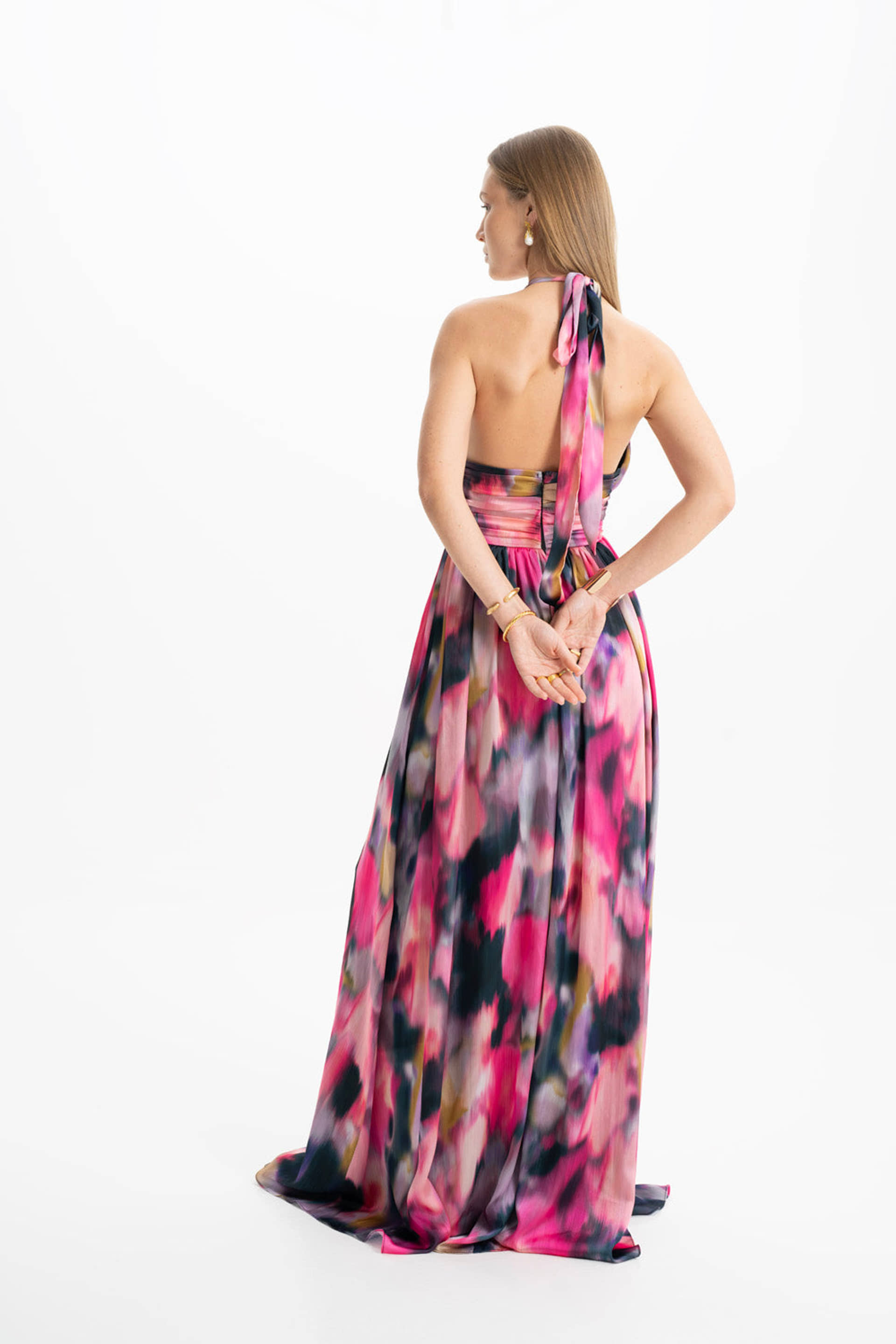 Diana Satin Multi Color Draped Maxi Dress made by Lora Istanbul