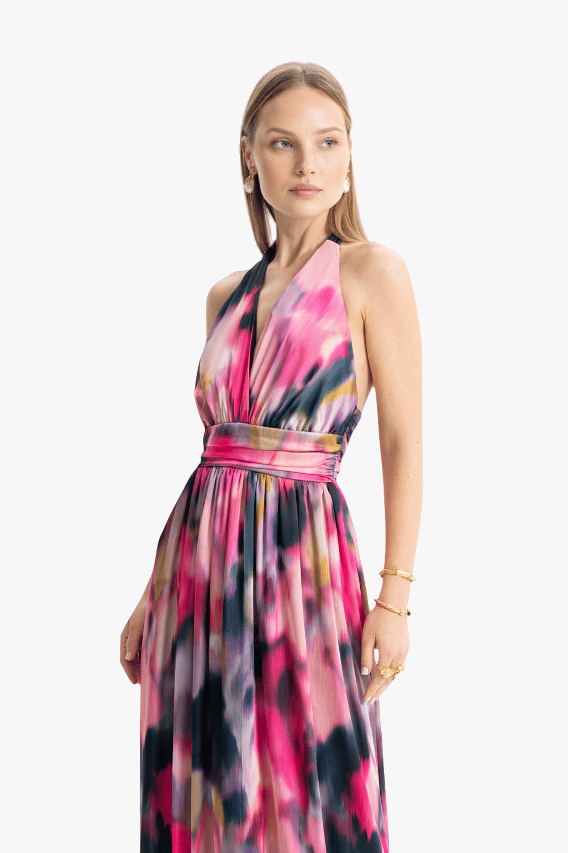Diana Satin Multi Color Draped Maxi Dress made by Lora Istanbul