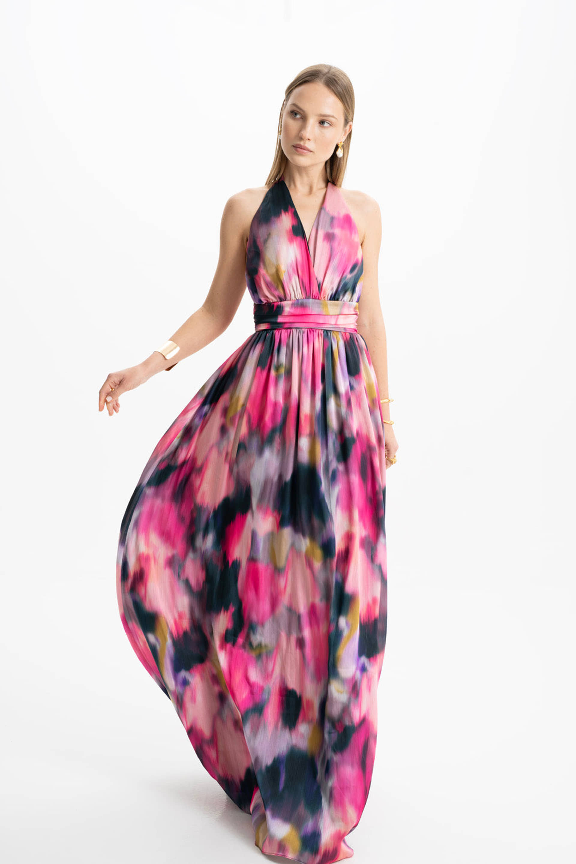 Diana Satin Multi Color Draped Maxi Dress made by Lora Istanbul