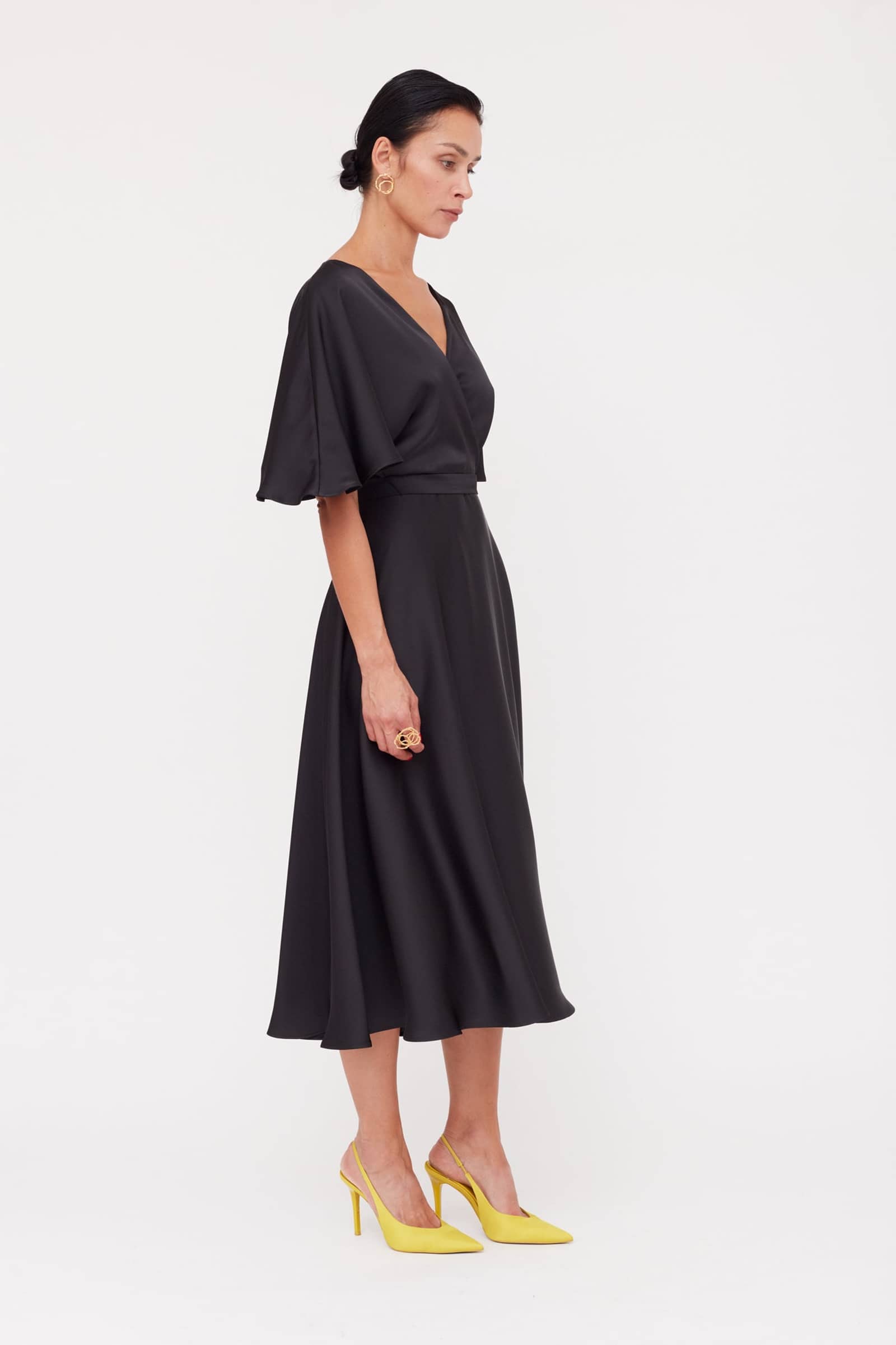 SONYA Black Satin Midi Cocktail Dress With Flattering Skirt made by UNDRESS