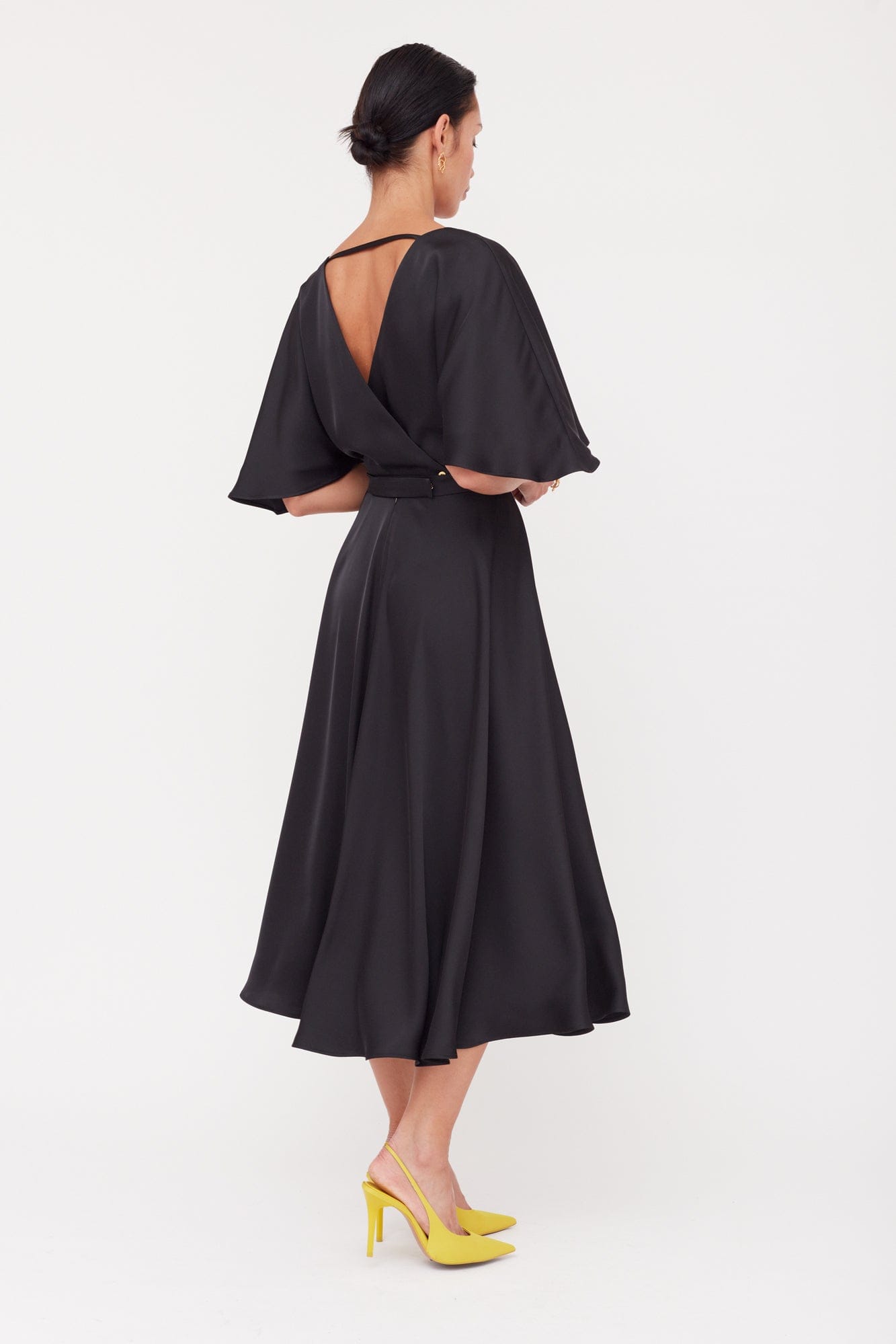 SONYA Black Satin Midi Cocktail Dress With Flattering Skirt made by UNDRESS