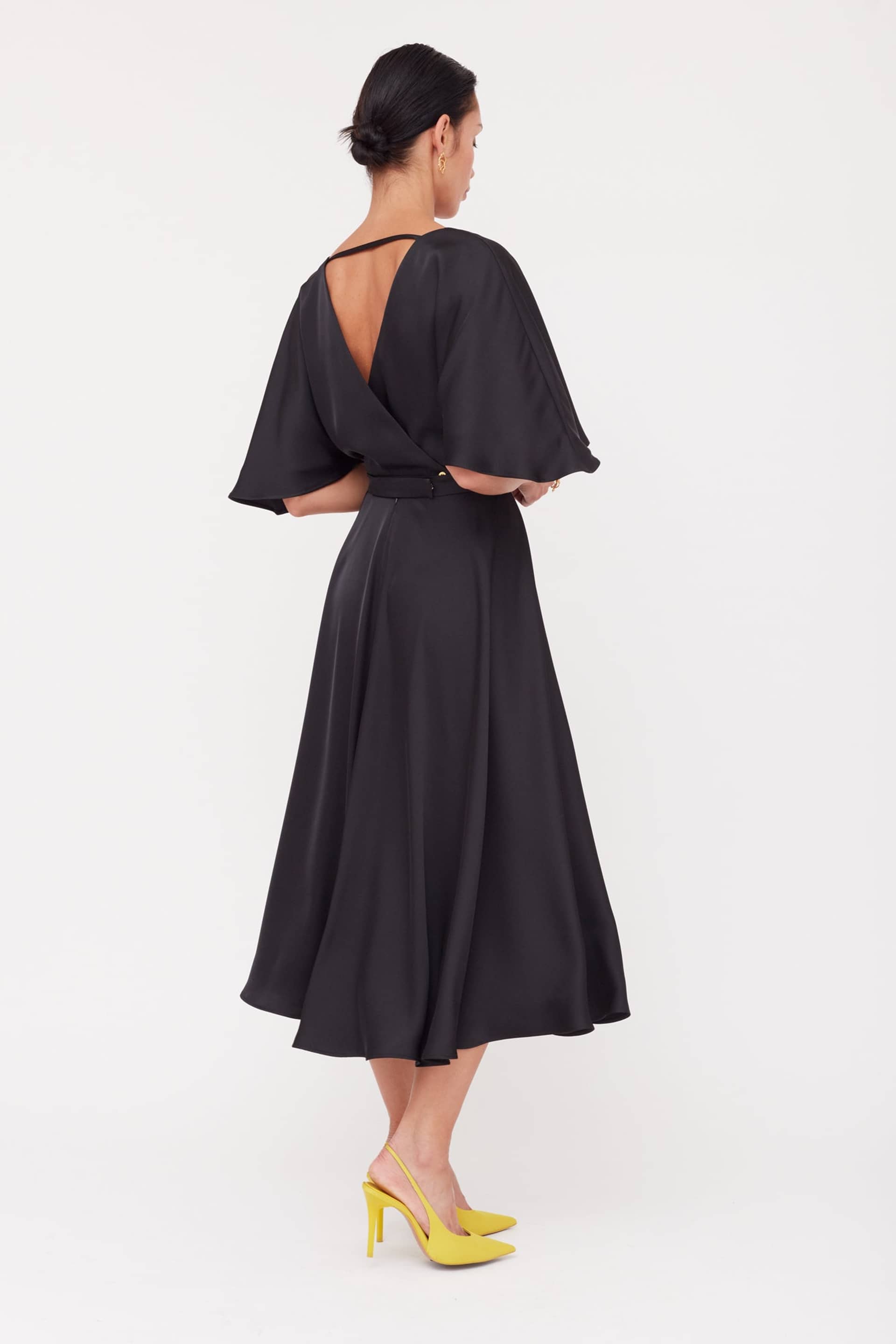 SONYA Black Satin Midi Cocktail Dress With Flattering Skirt made by UNDRESS