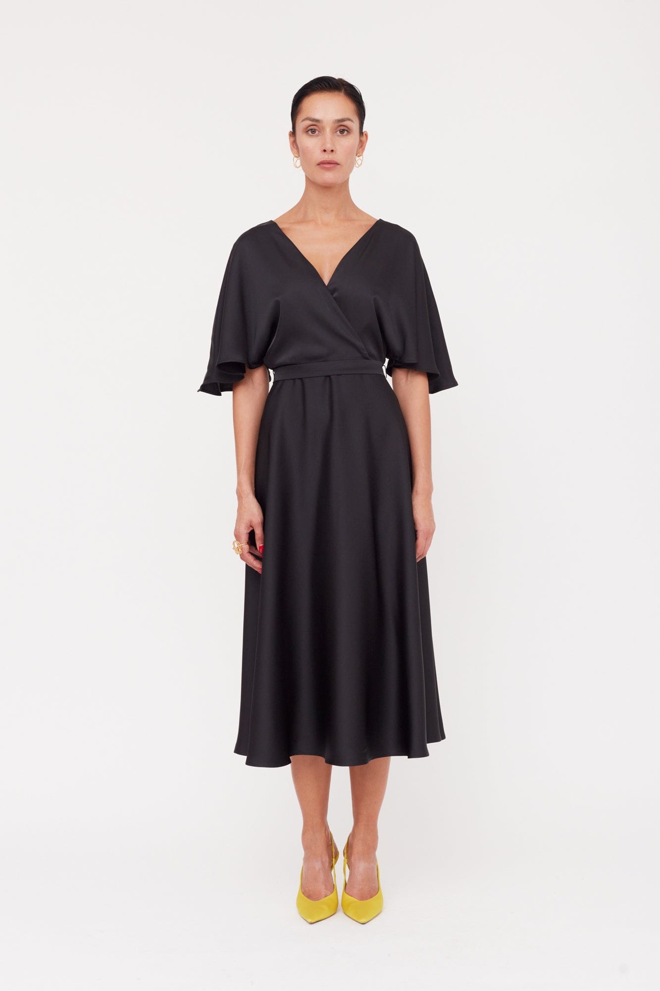 SONYA Black Satin Midi Cocktail Dress With Flattering Skirt made by UNDRESS