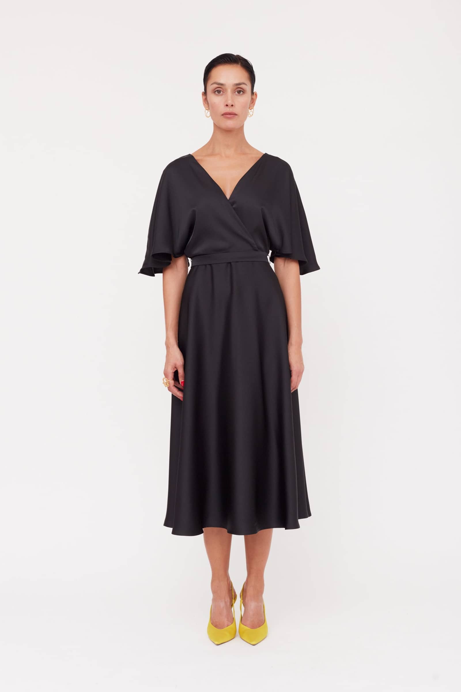 SONYA Black Satin Midi Cocktail Dress With Flattering Skirt made by UNDRESS