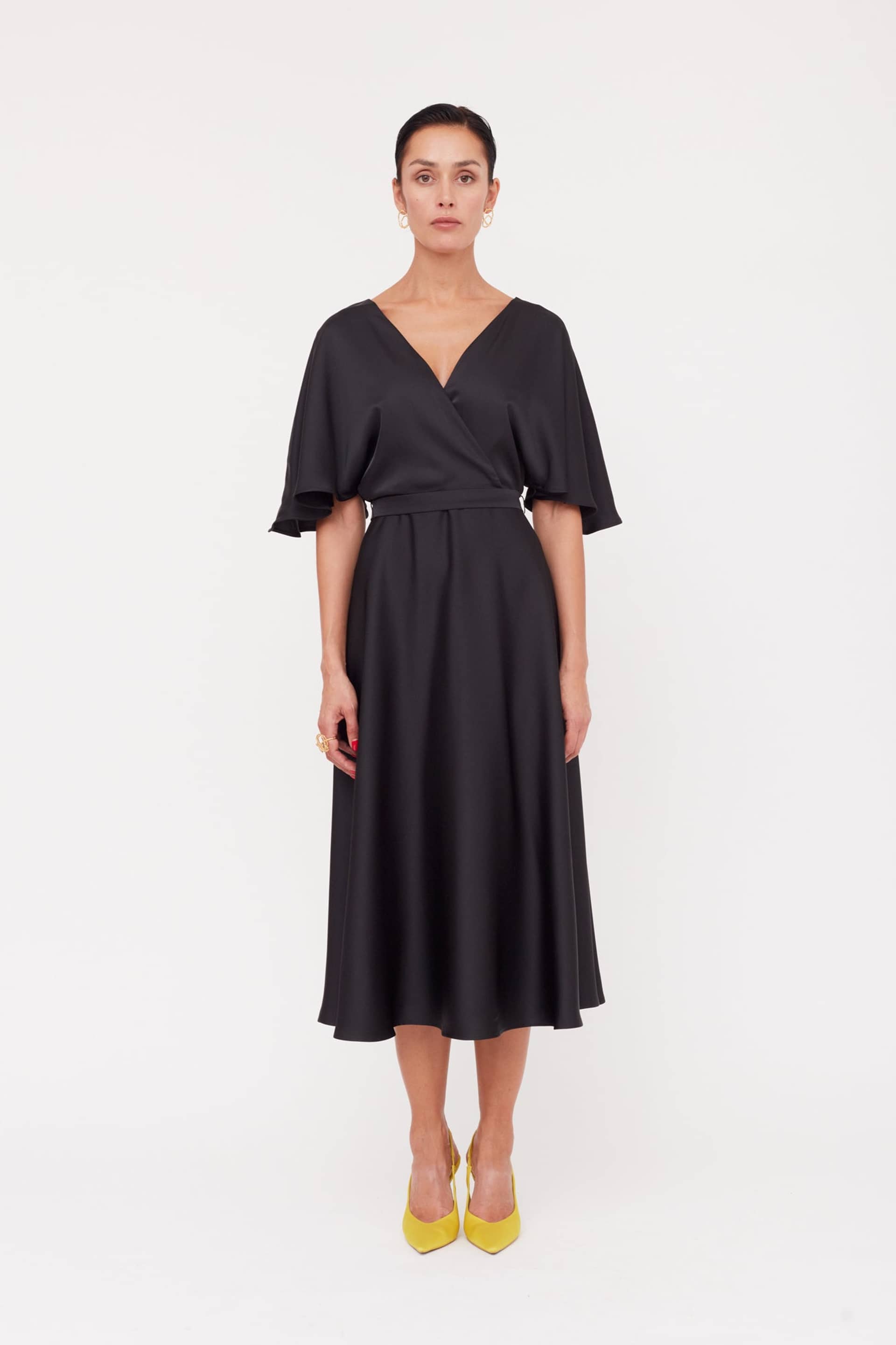 SONYA Black Satin Midi Cocktail Dress With Flattering Skirt made by UNDRESS