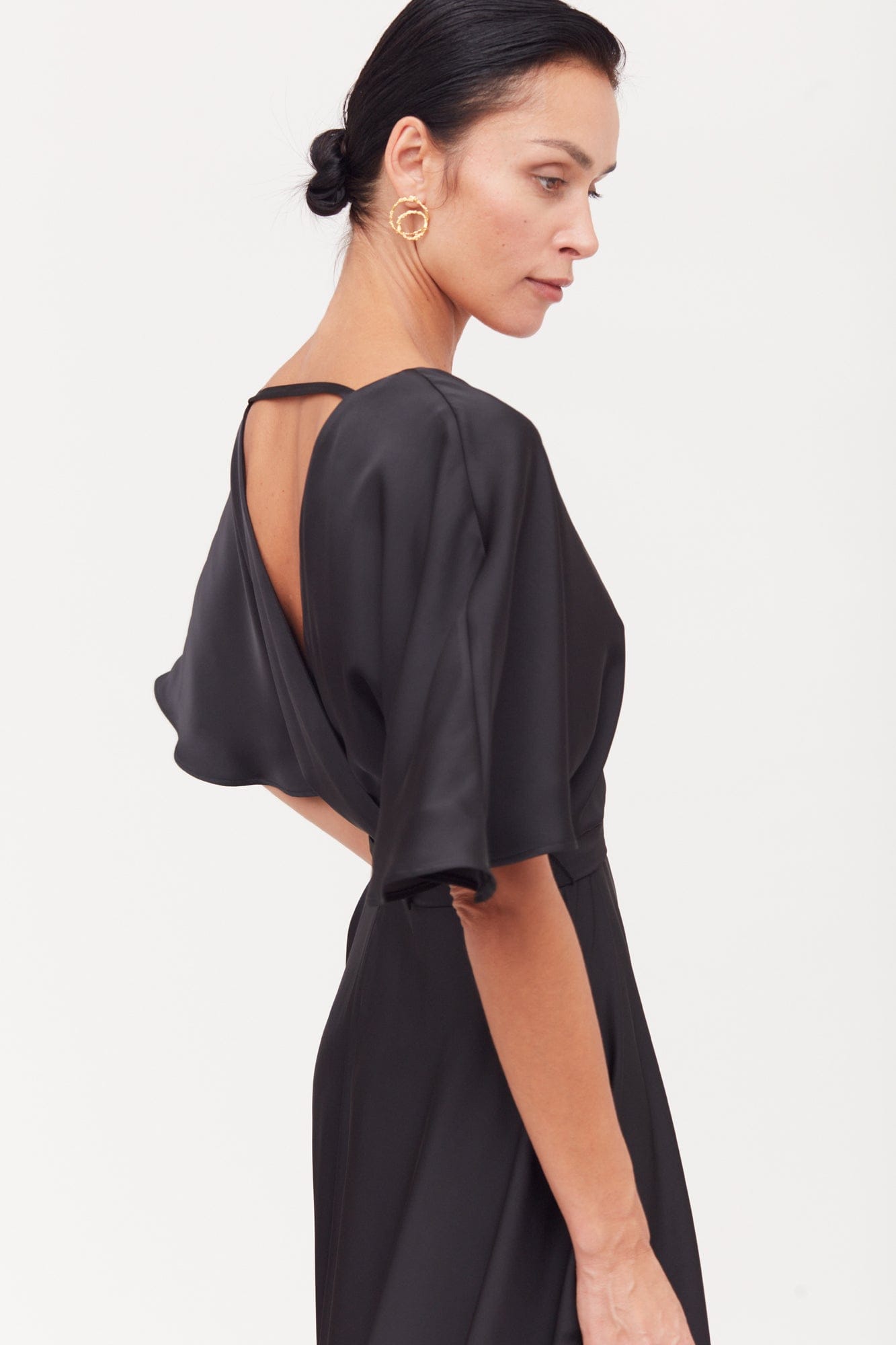 SONYA Black Satin Midi Cocktail Dress With Flattering Skirt made by UNDRESS