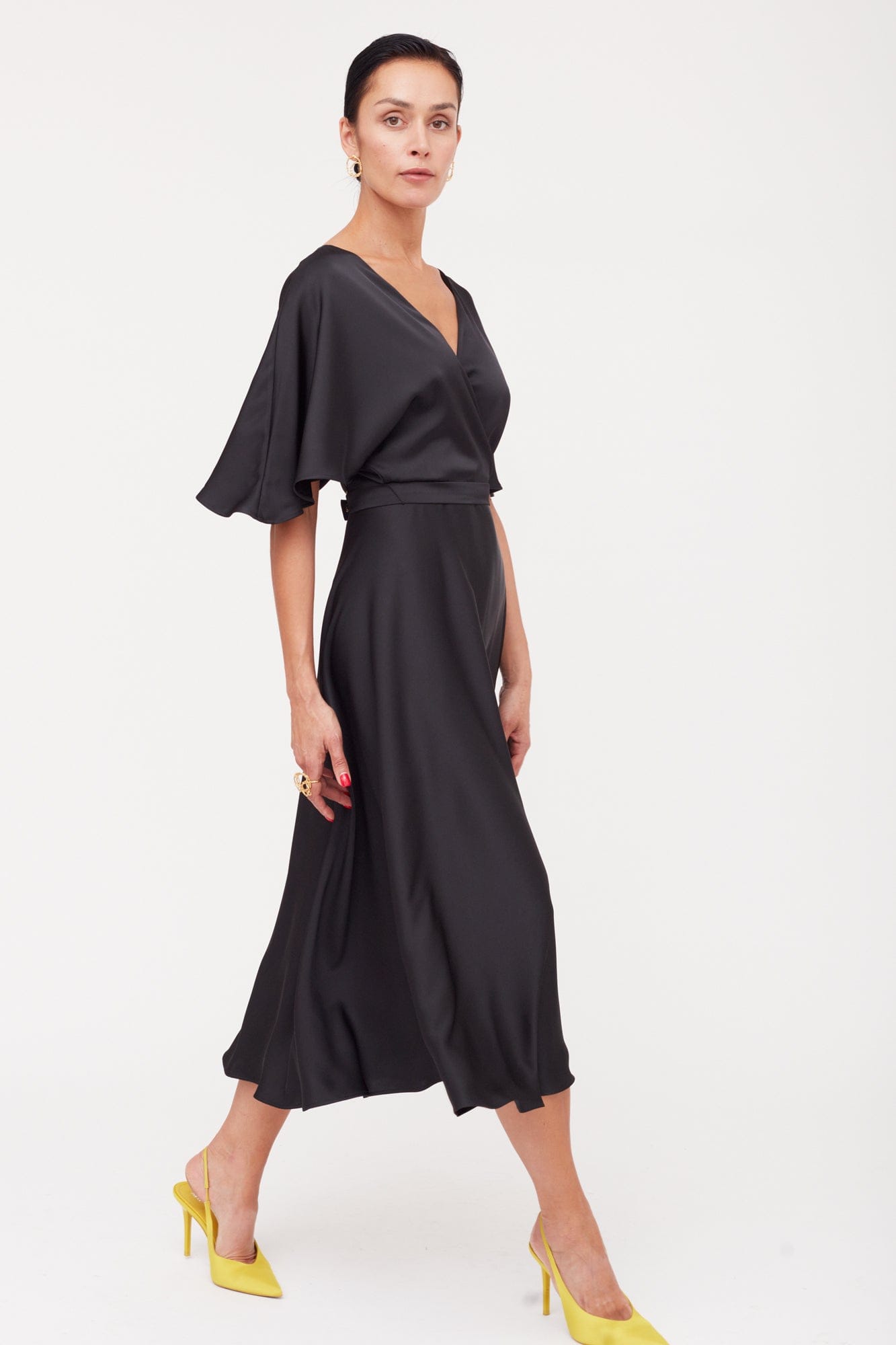 SONYA Black Satin Midi Cocktail Dress With Flattering Skirt made by UNDRESS