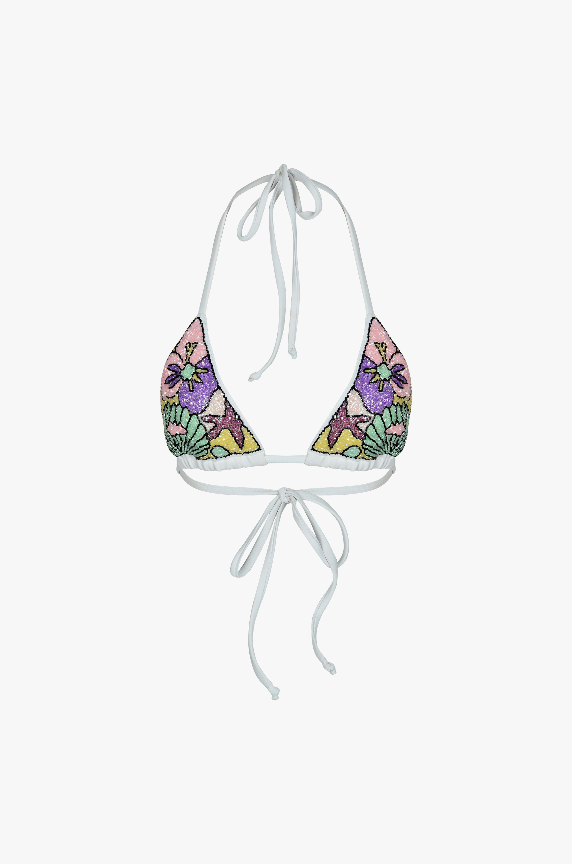 Talia Hand Embroidered White Base Bikini Top made by Oceanus Swimwear