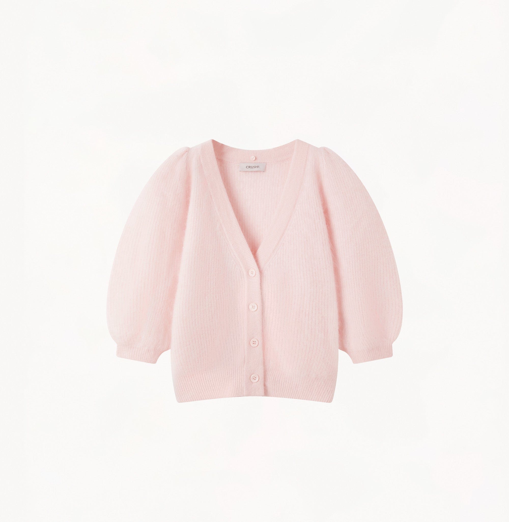 FLUFFY BALLOON-SLEEVED CASHMERE CARDIGAN WITH FAUX FUR COLLAR in Pink made by CRUSH Collection