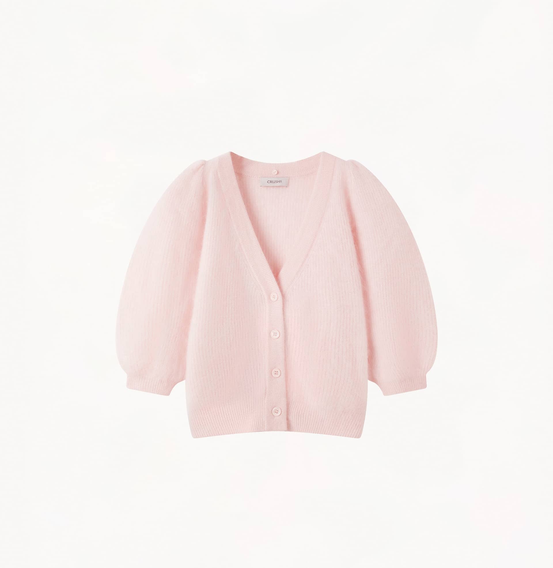 FLUFFY BALLOON-SLEEVED CASHMERE CARDIGAN WITH FAUX FUR COLLAR in Pink made by CRUSH Collection
