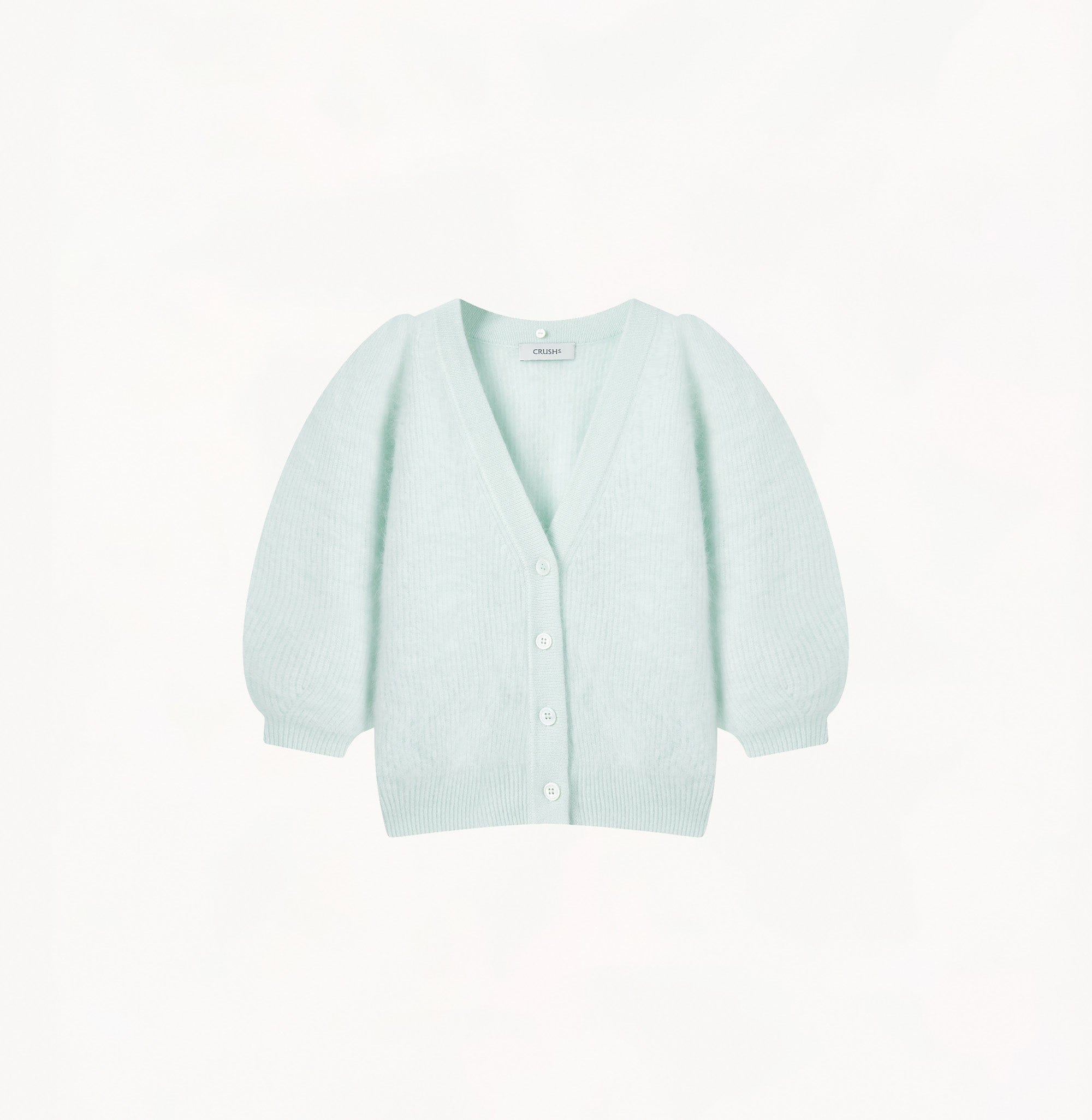 FLUFFY BALLOON-SLEEVED CASHMERE CARDIGAN WITH FAUX FUR COLLAR in Green made by CRUSH Collection