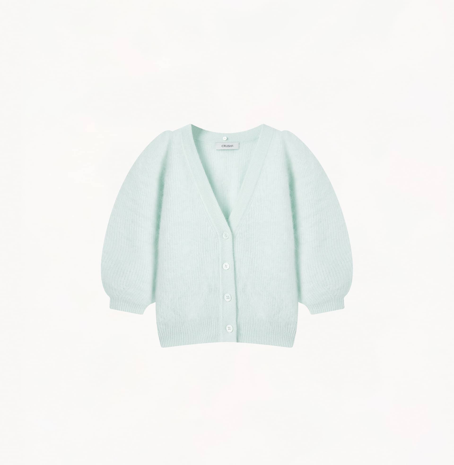 FLUFFY BALLOON-SLEEVED CASHMERE CARDIGAN WITH FAUX FUR COLLAR in Green made by CRUSH Collection