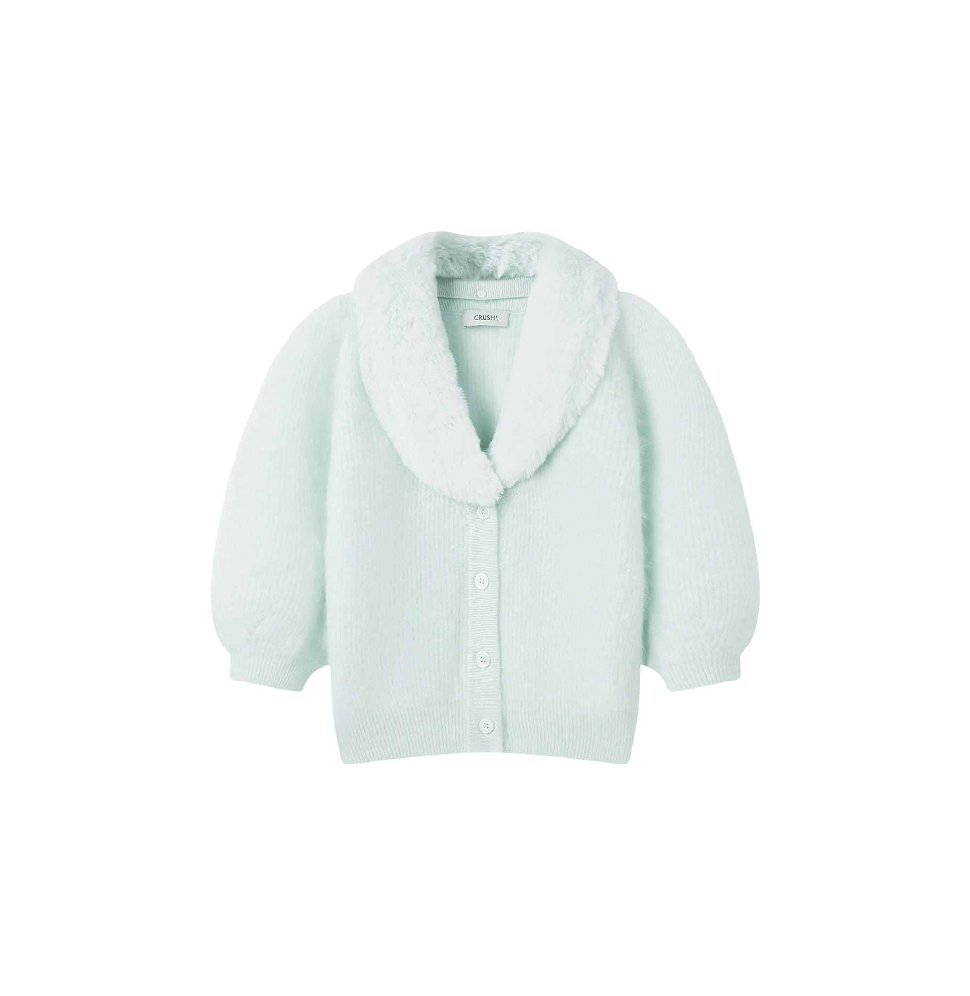 FLUFFY BALLOON-SLEEVED CASHMERE CARDIGAN WITH FAUX FUR COLLAR in Green made by CRUSH Collection