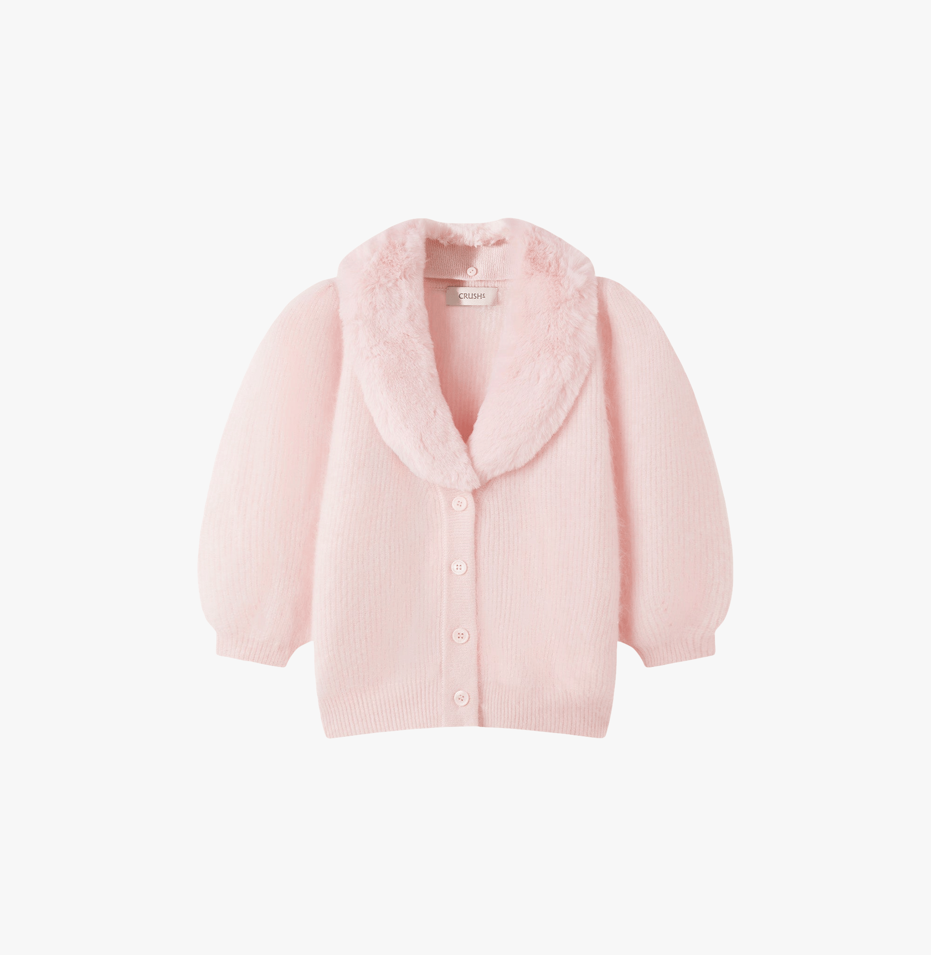 FLUFFY BALLOON-SLEEVED CASHMERE CARDIGAN WITH FAUX FUR COLLAR in Pink made by CRUSH Collection