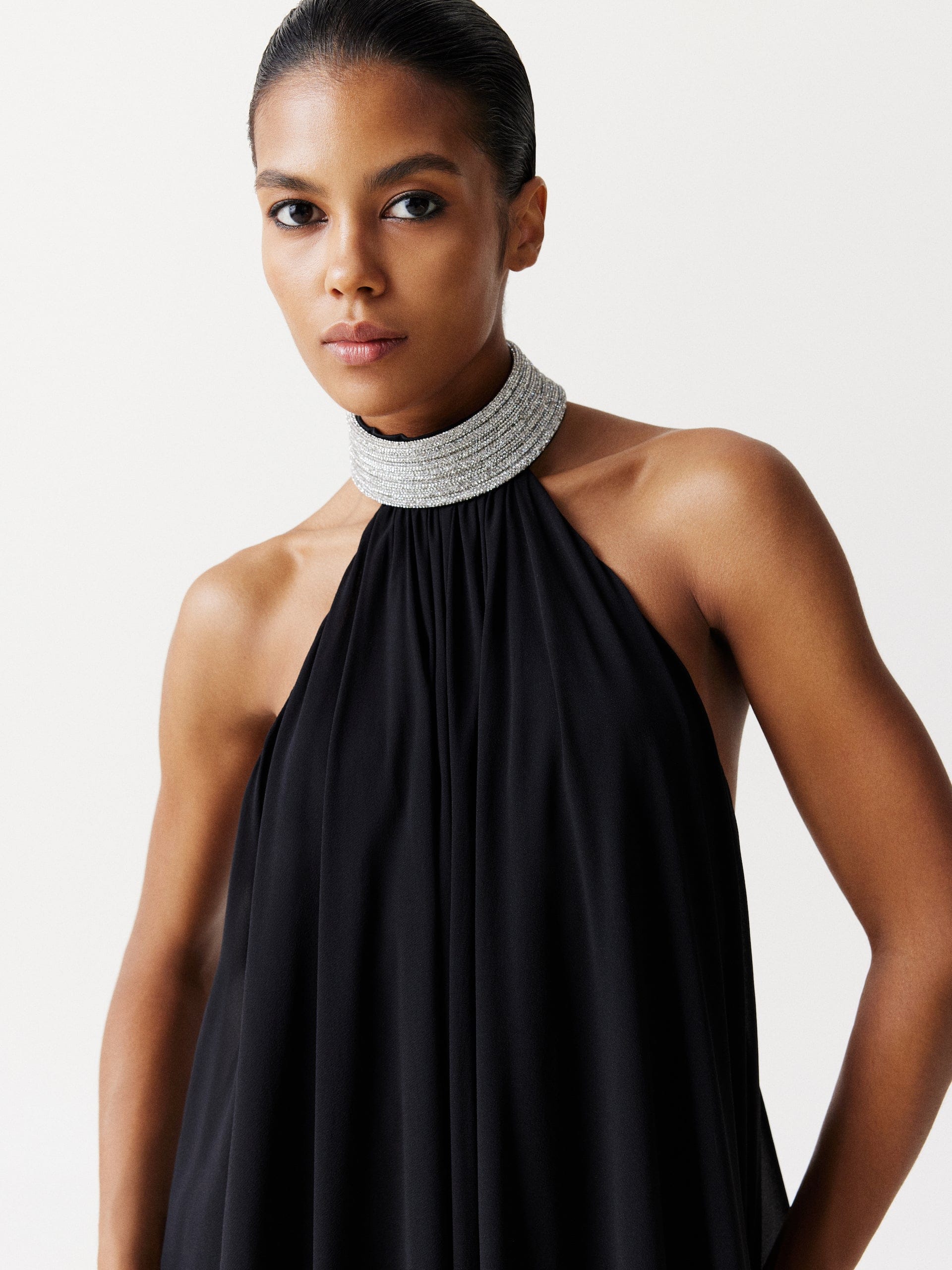 Silk Chiffon Mini Dress with a crystal embellished neck made by NDS The Label