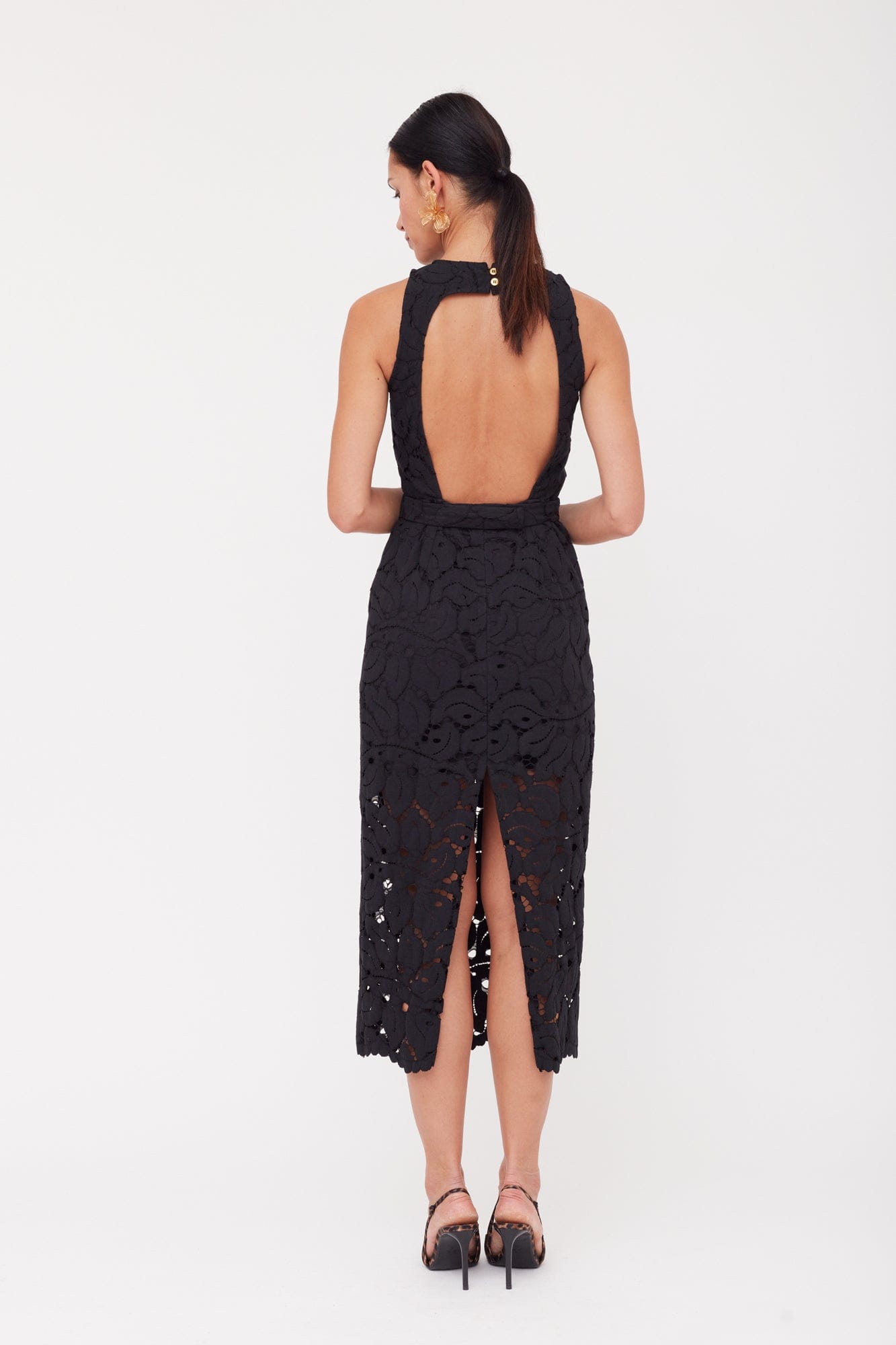 YEMA Black Floral Lace Midi Dress With Open Back made by UNDRESS
