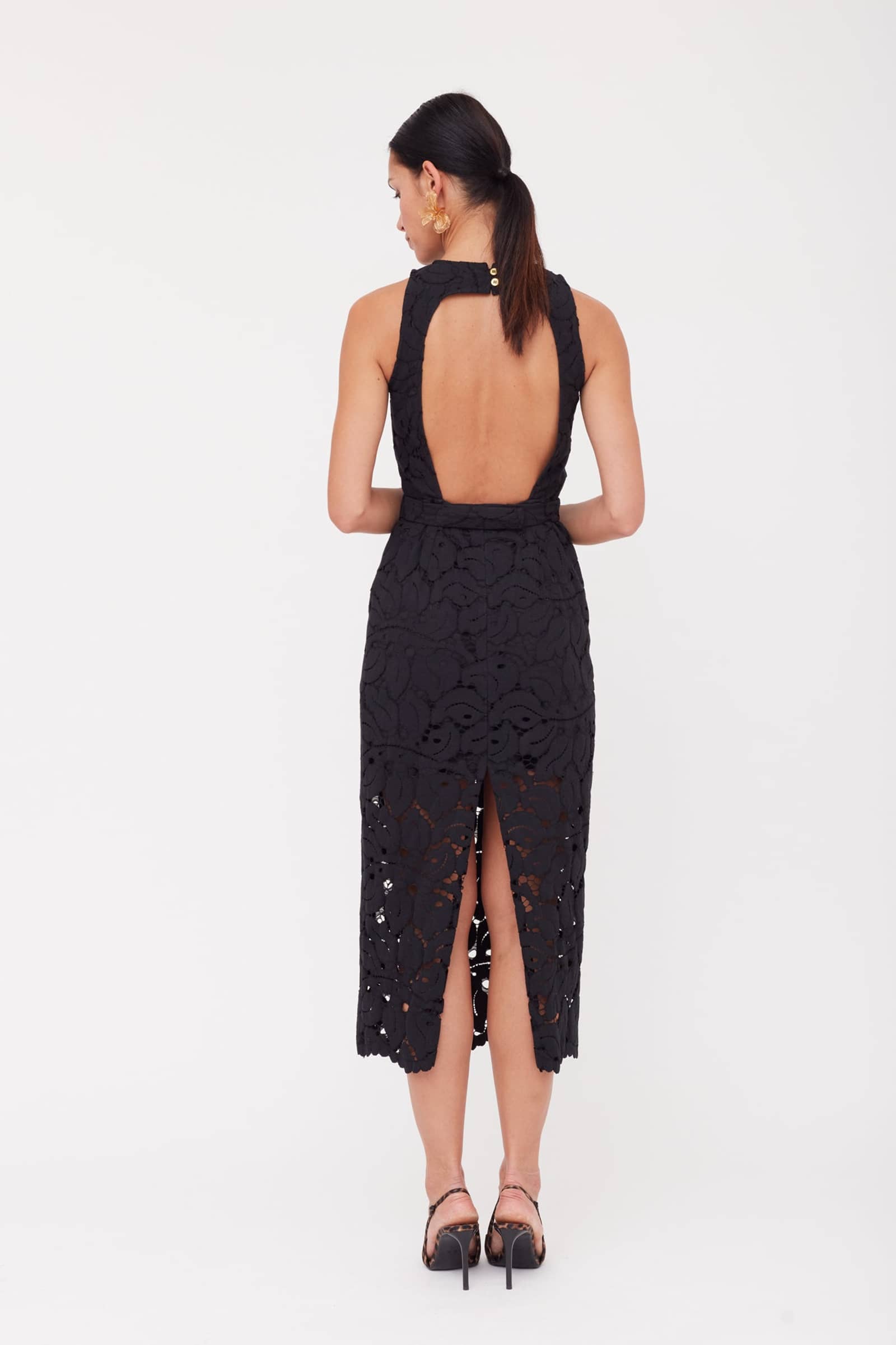 YEMA Black Floral Lace Midi Dress With Open Back made by UNDRESS