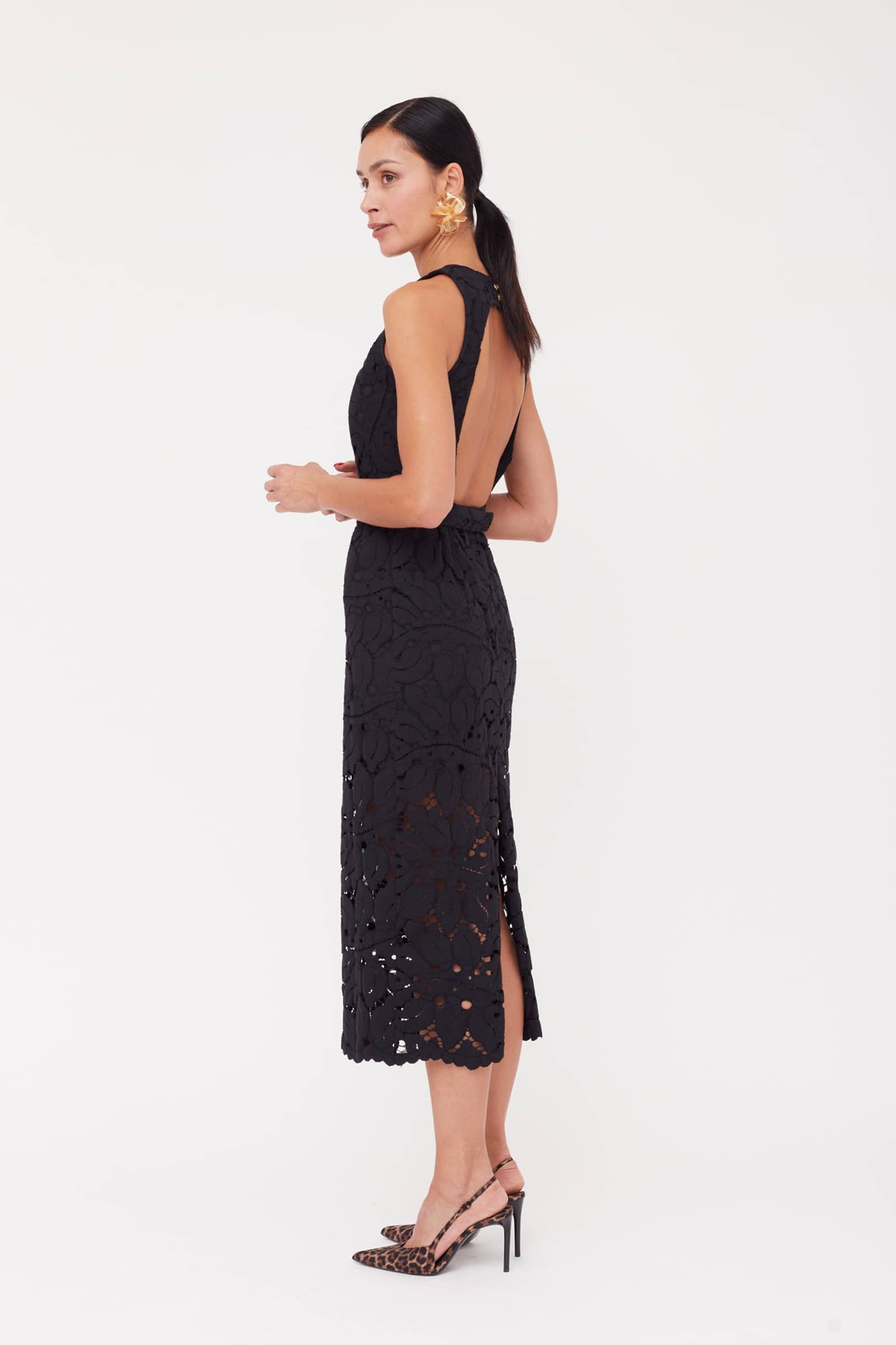 YEMA Black Floral Lace Midi Dress With Open Back made by UNDRESS