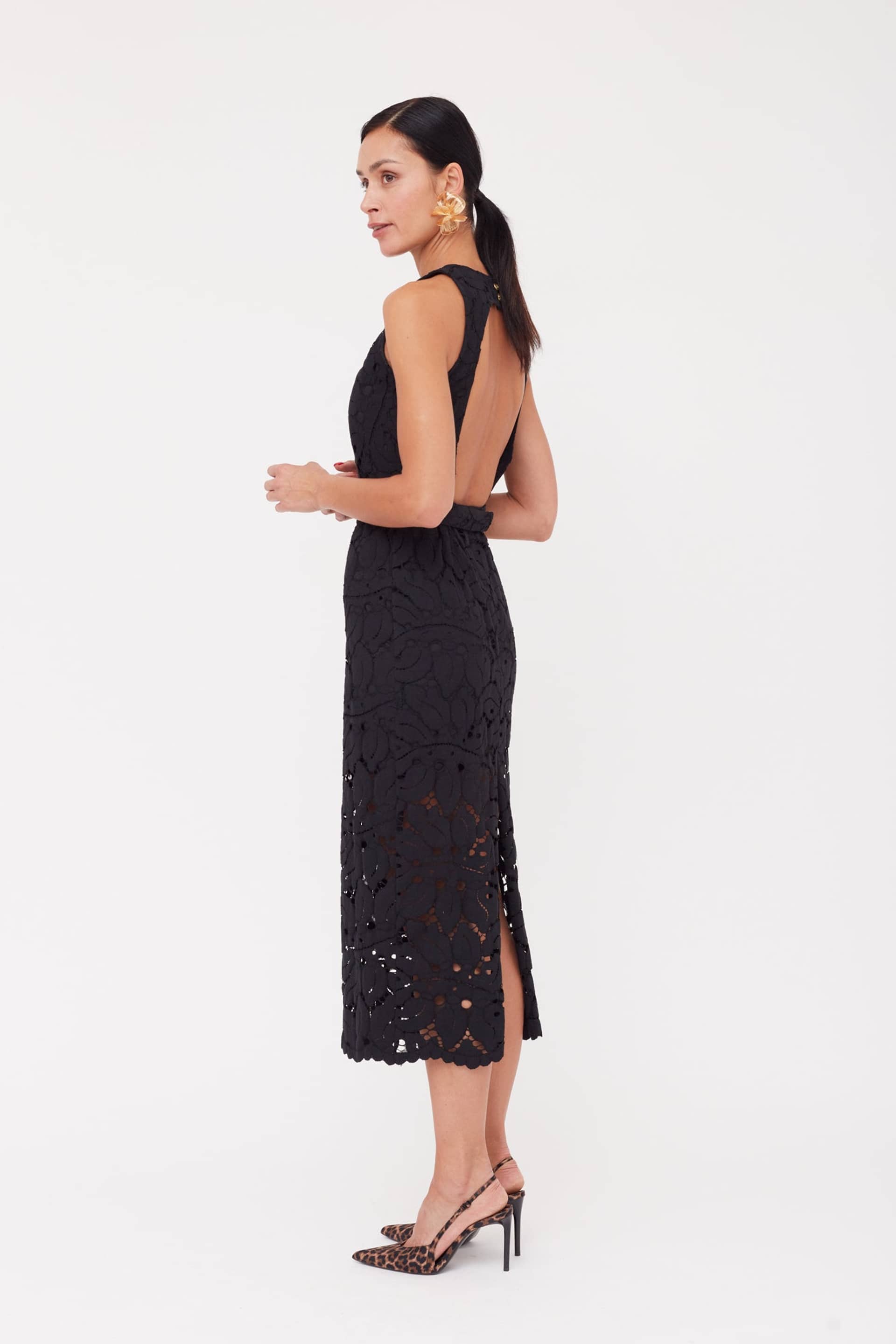 YEMA Black Floral Lace Midi Dress With Open Back made by UNDRESS