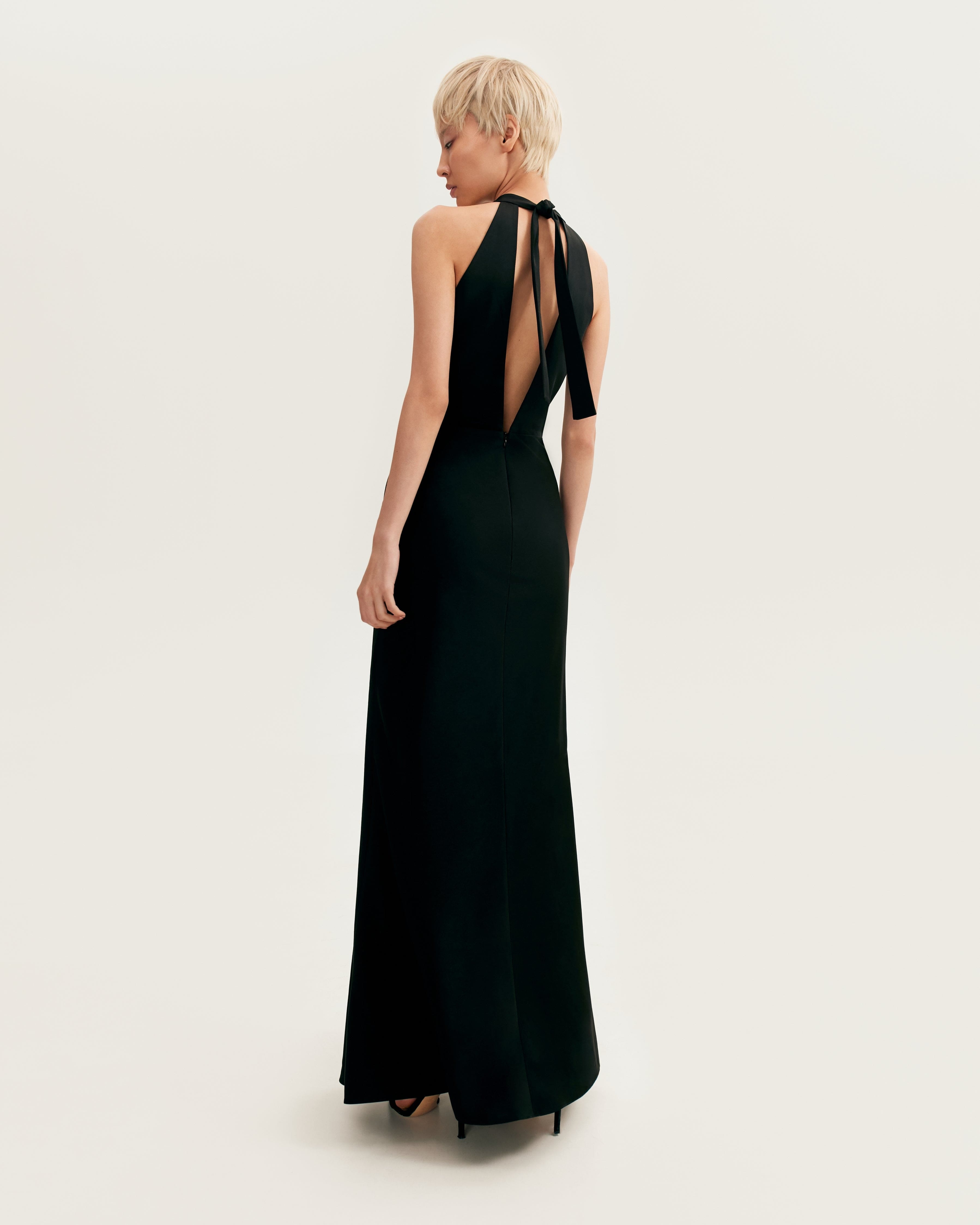 Classical black halterneck satin maxi dress, Xo Xo made by Milla