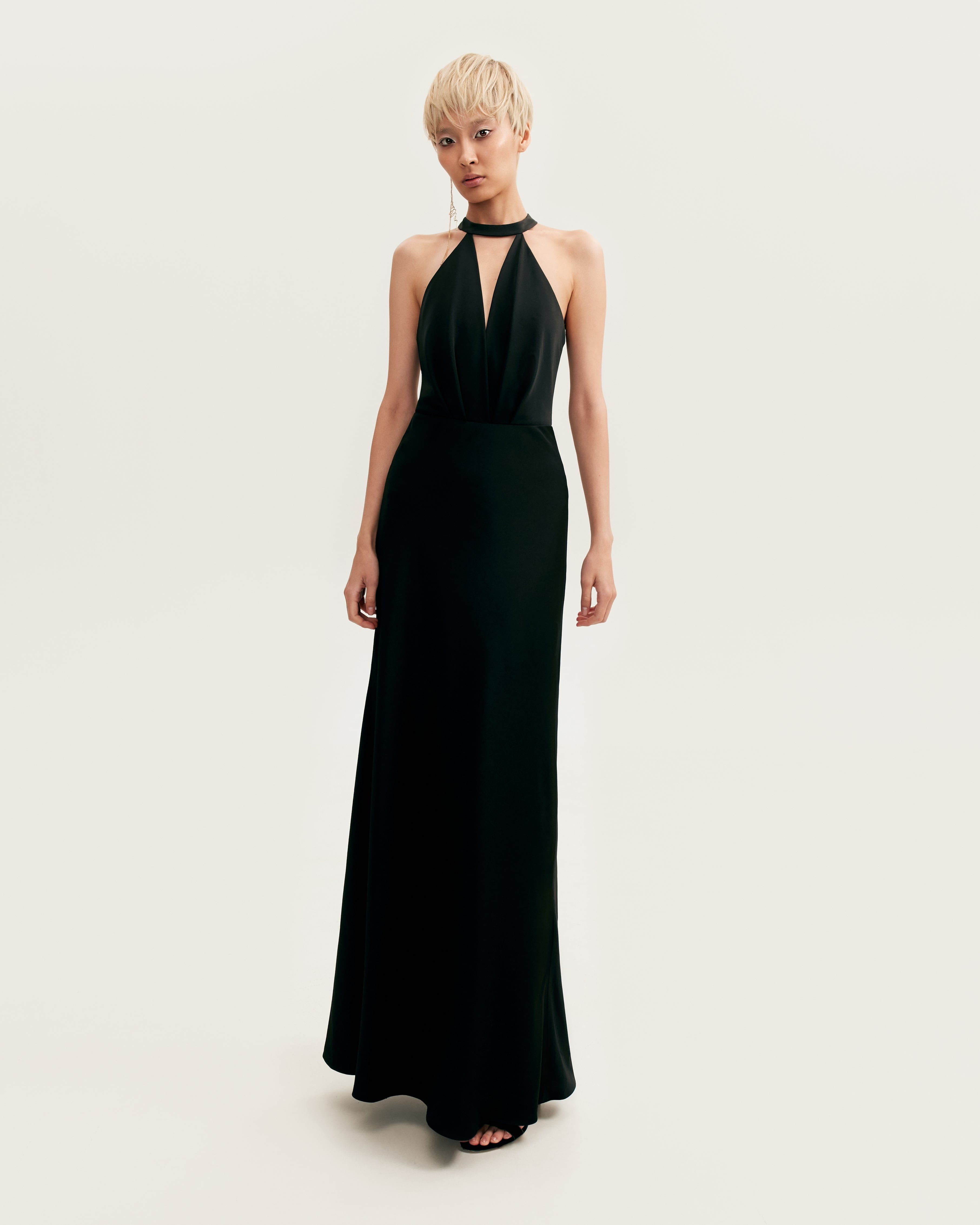 Classical black halterneck satin maxi dress, Xo Xo made by Milla