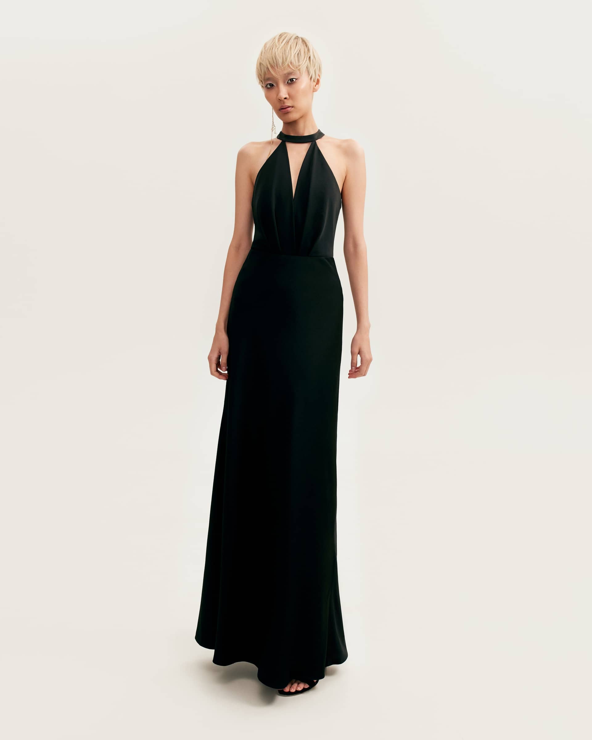 Classical black halterneck satin maxi dress, Xo Xo made by Milla