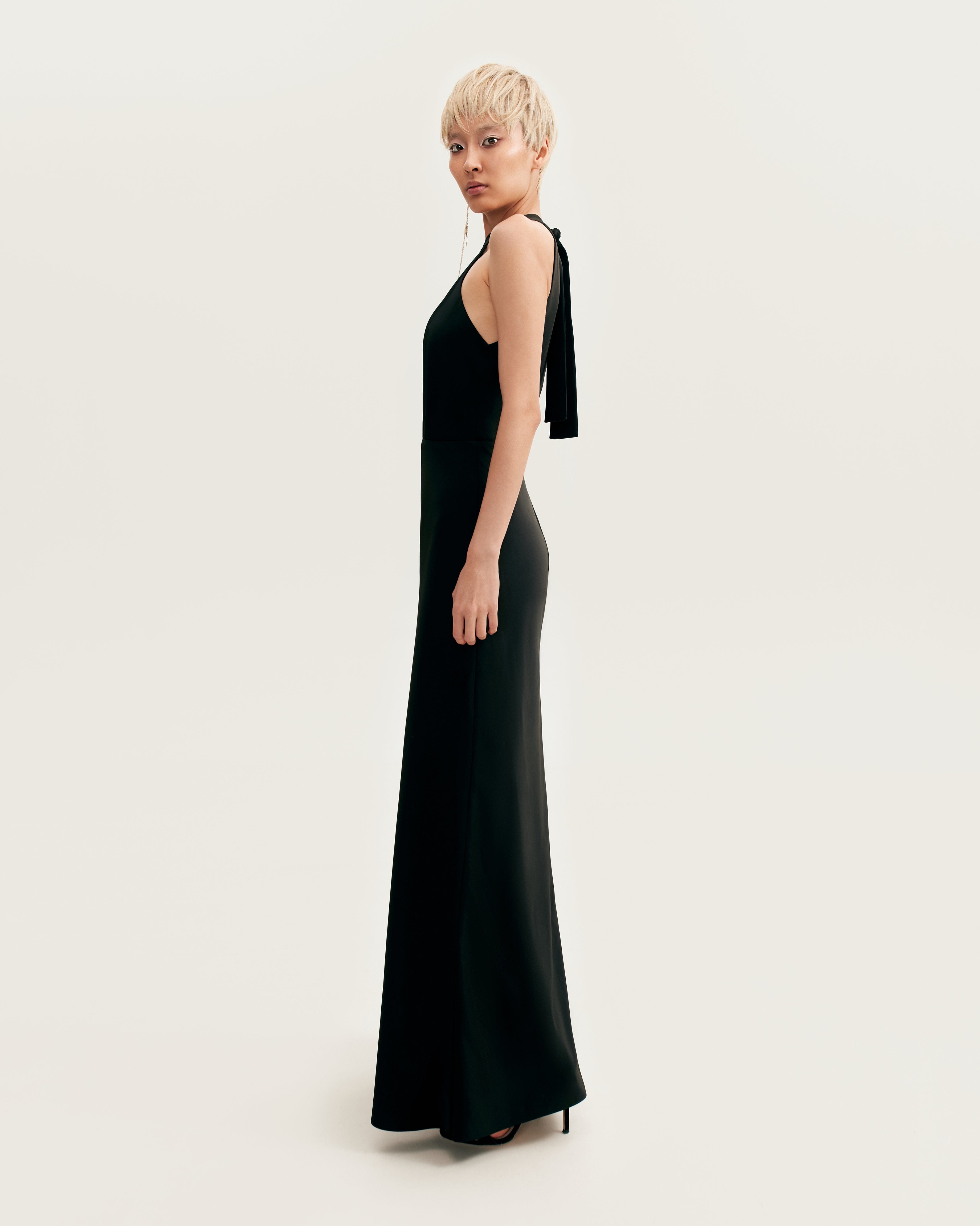 Classical black halterneck satin maxi dress, Xo Xo made by Milla