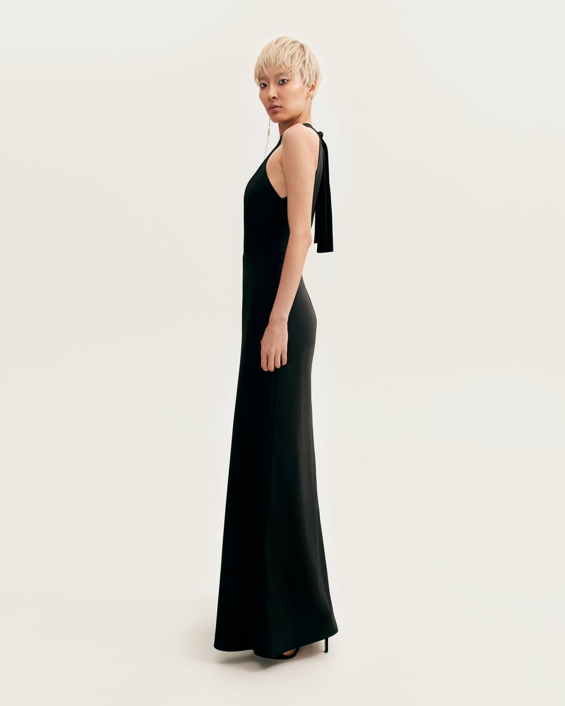 Classical black halterneck satin maxi dress, Xo Xo made by Milla