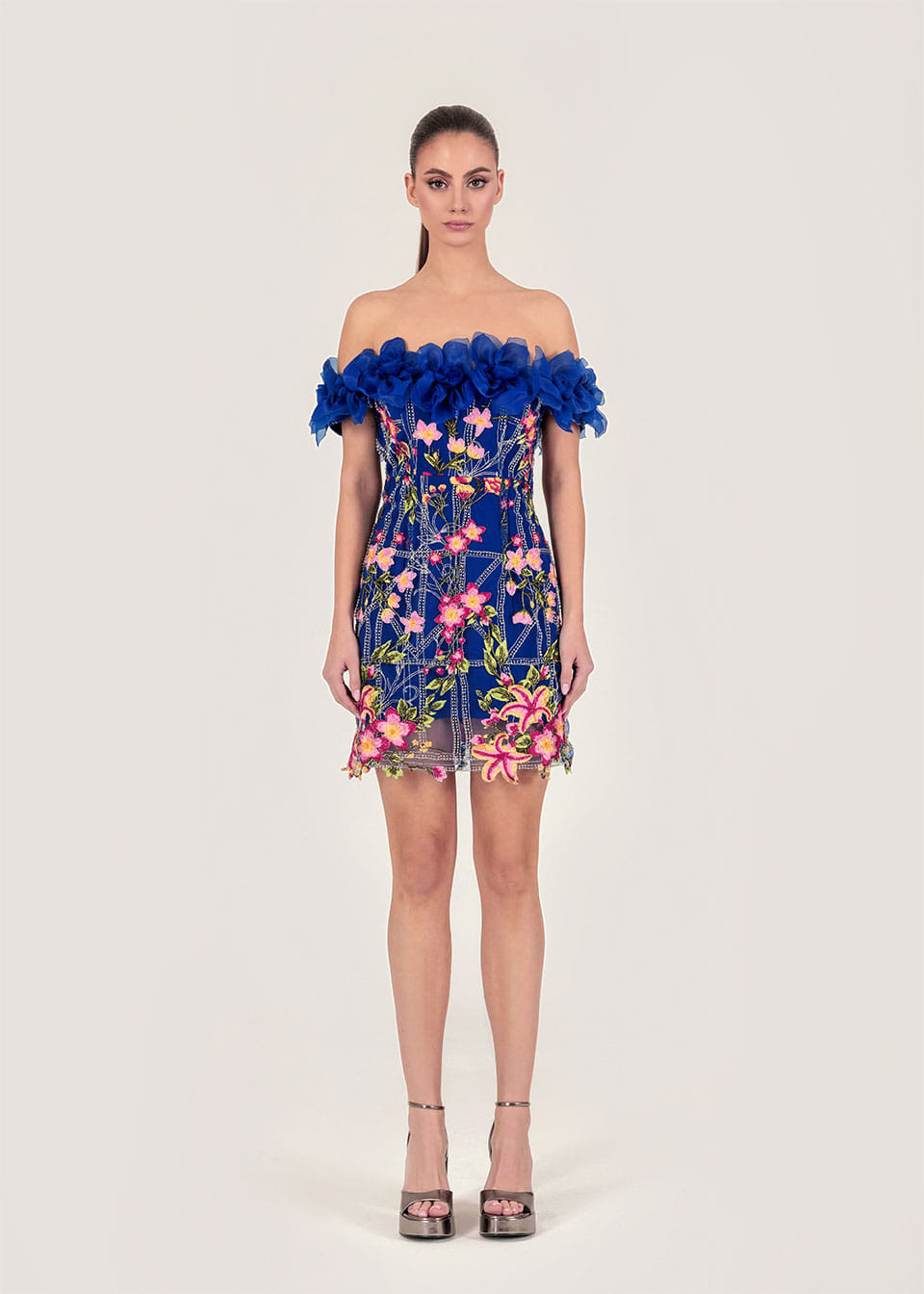 Flower appliqué embroidered dress made by Monika Dimova