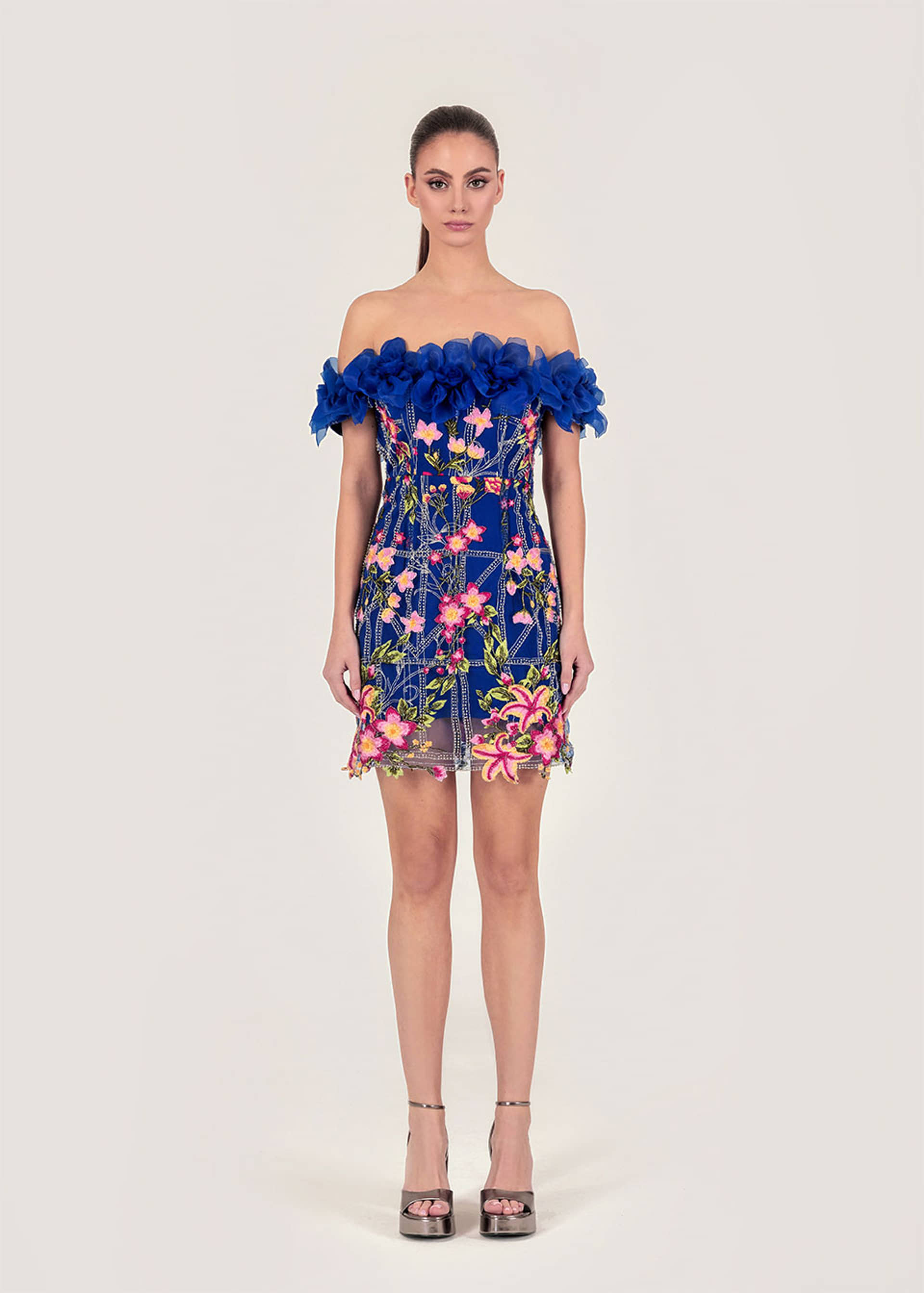 Flower appliqué embroidered dress made by Monika Dimova