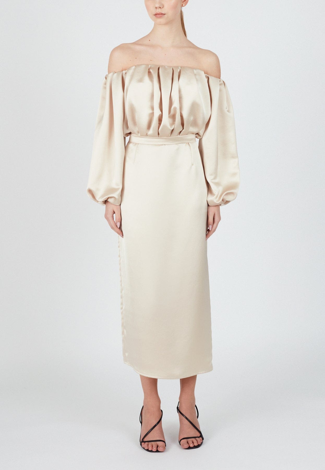 ALYA beige off shoulder midi dress in Beige made by UNDRESS