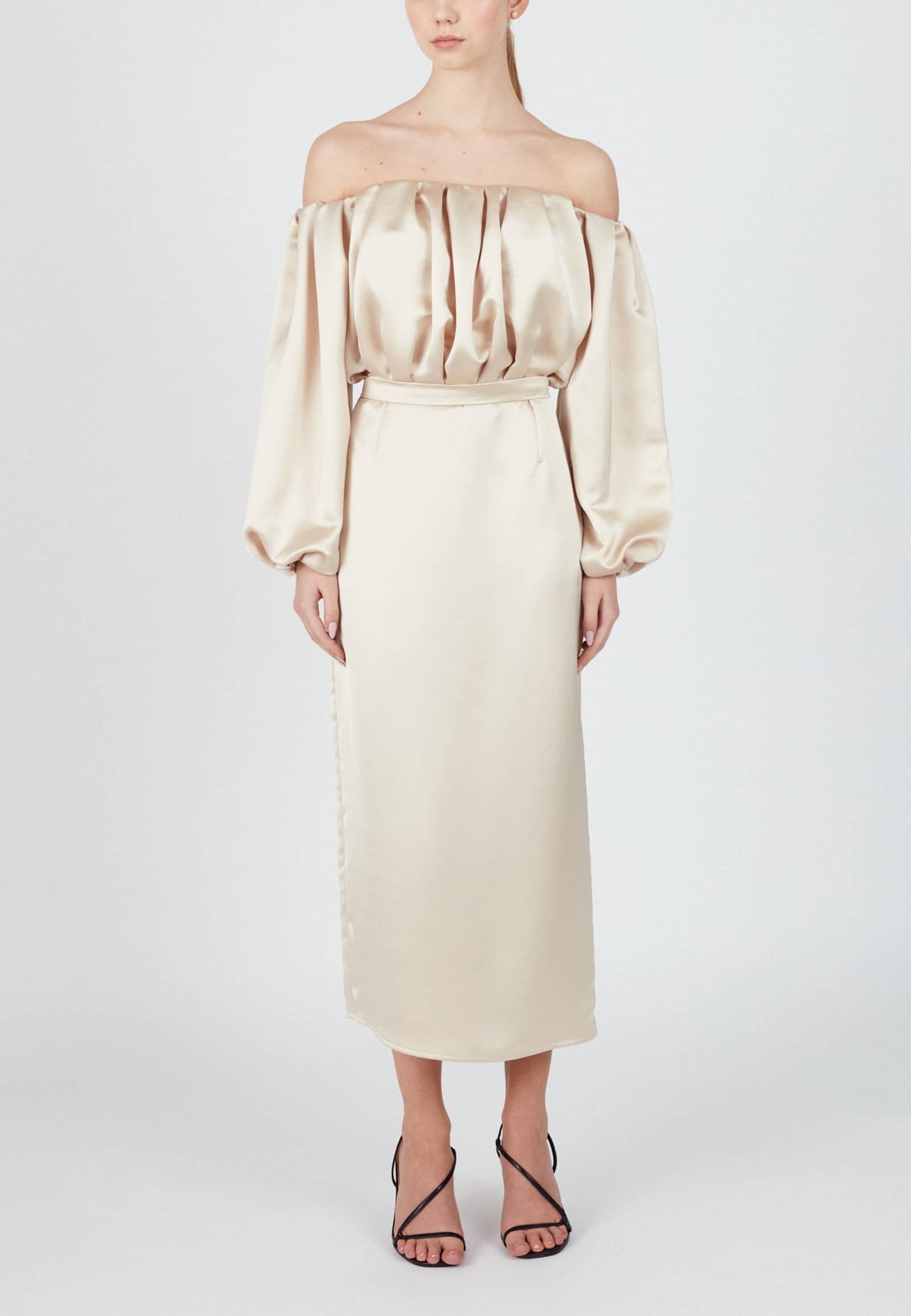 ALYA beige off shoulder midi dress in Beige made by UNDRESS