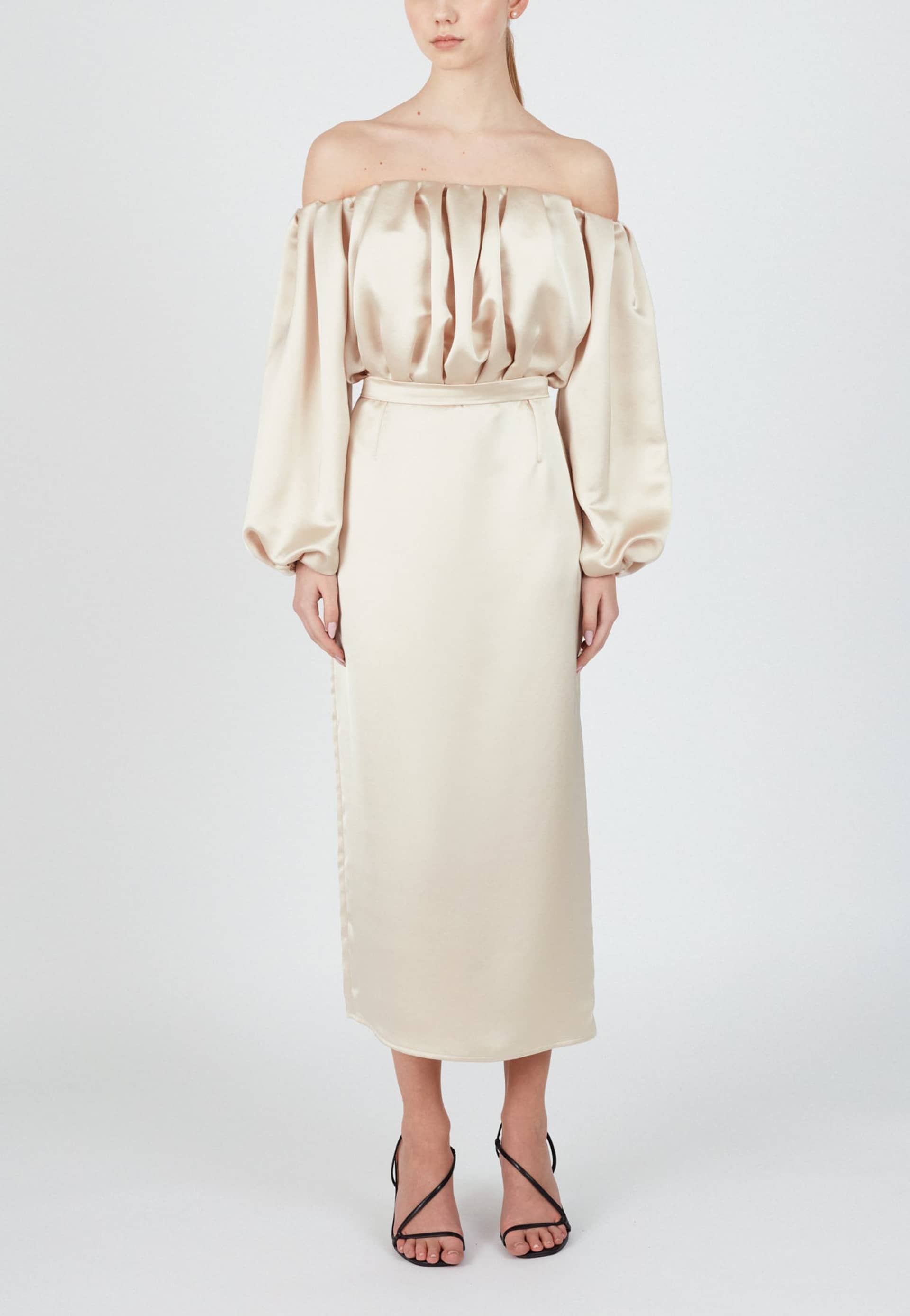 ALYA beige off shoulder midi dress in Beige made by UNDRESS