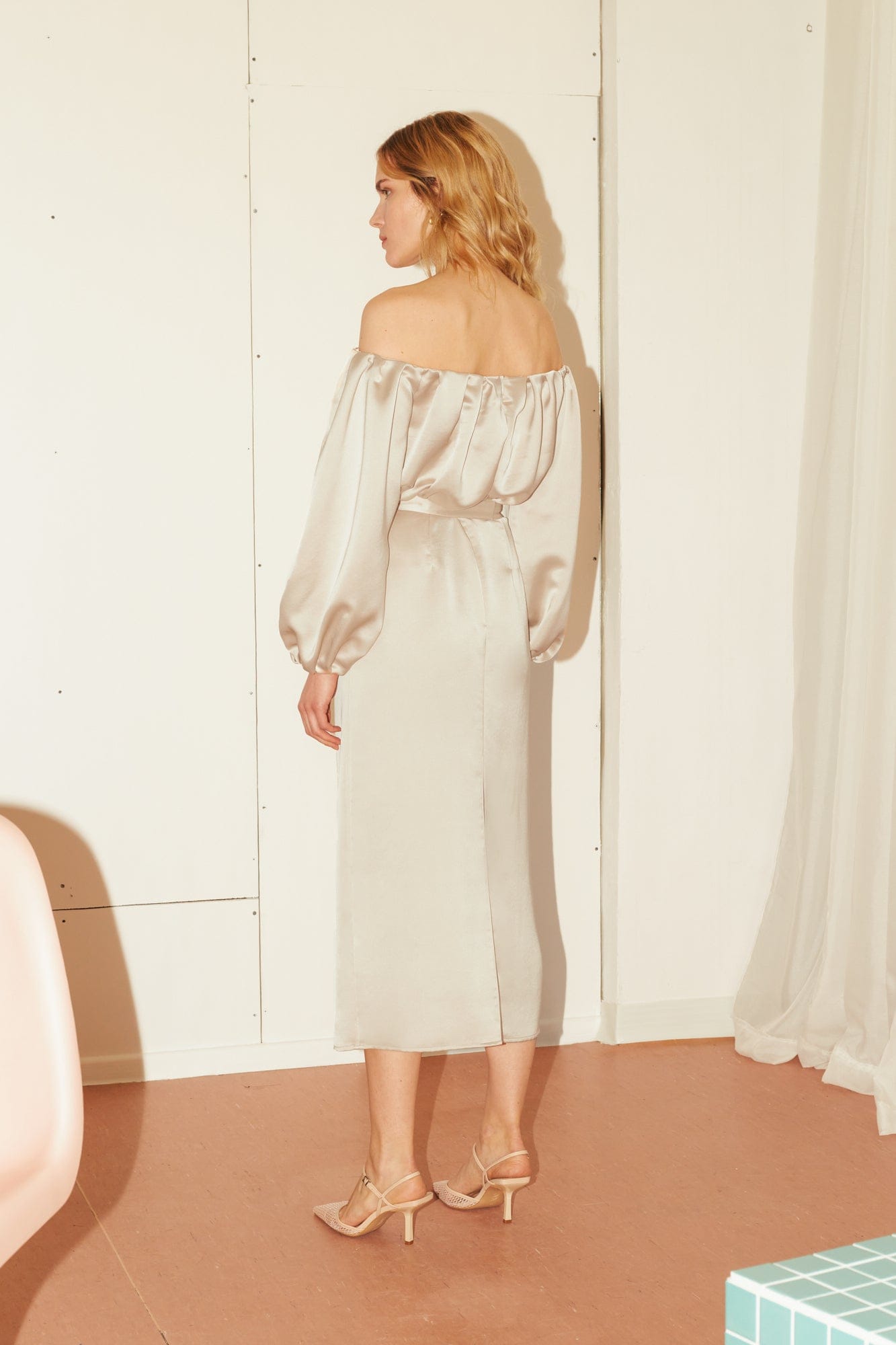 ALYA beige off shoulder midi dress in Beige made by UNDRESS