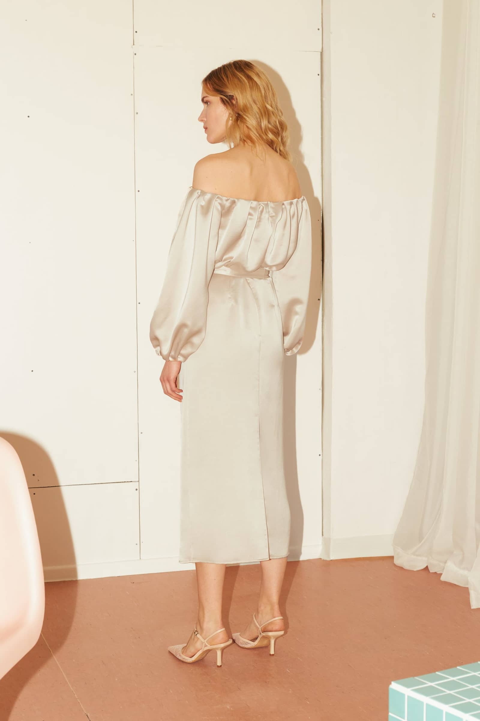 ALYA beige off shoulder midi dress in Beige made by UNDRESS