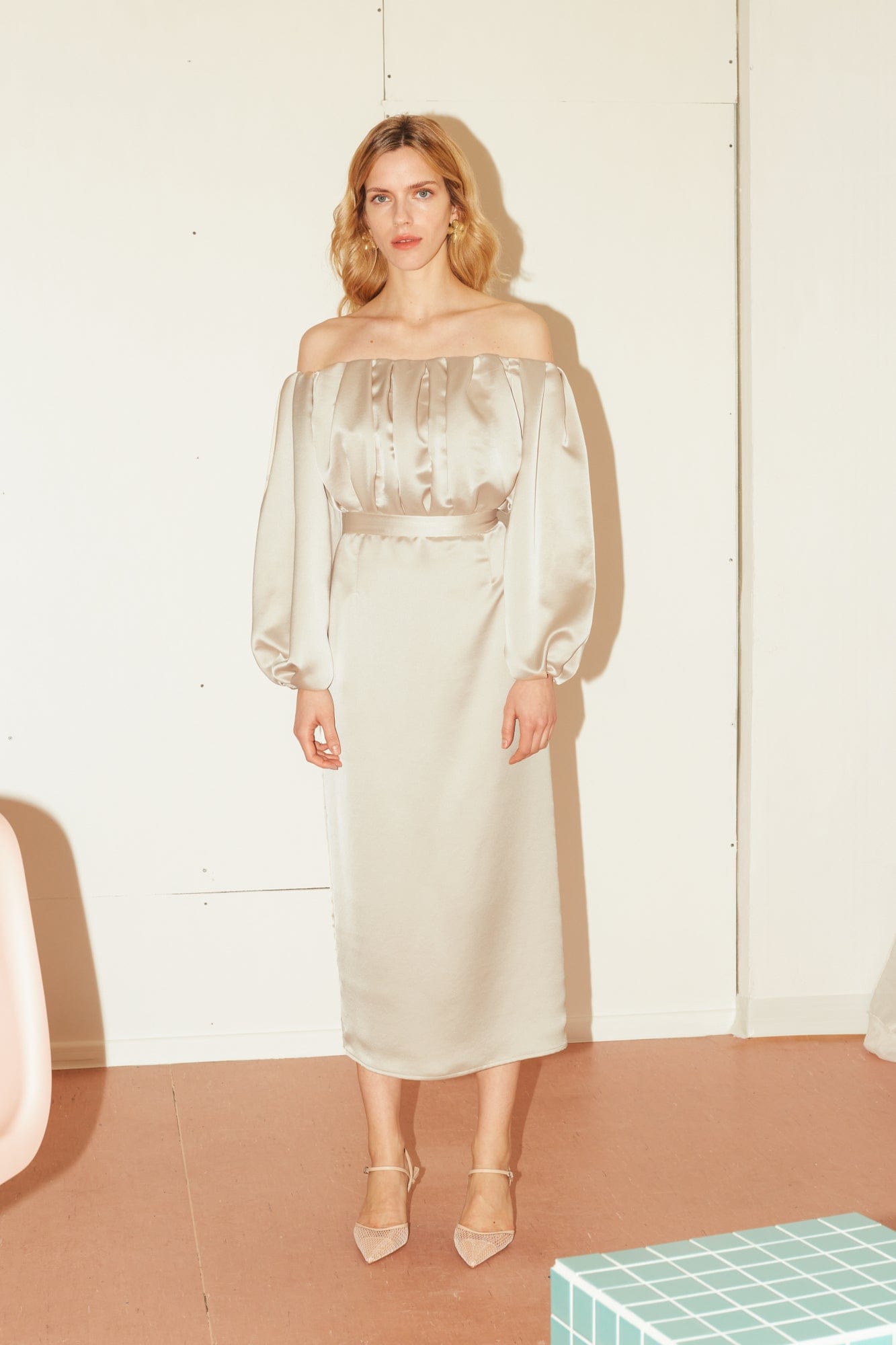 ALYA beige off shoulder midi dress in Beige made by UNDRESS