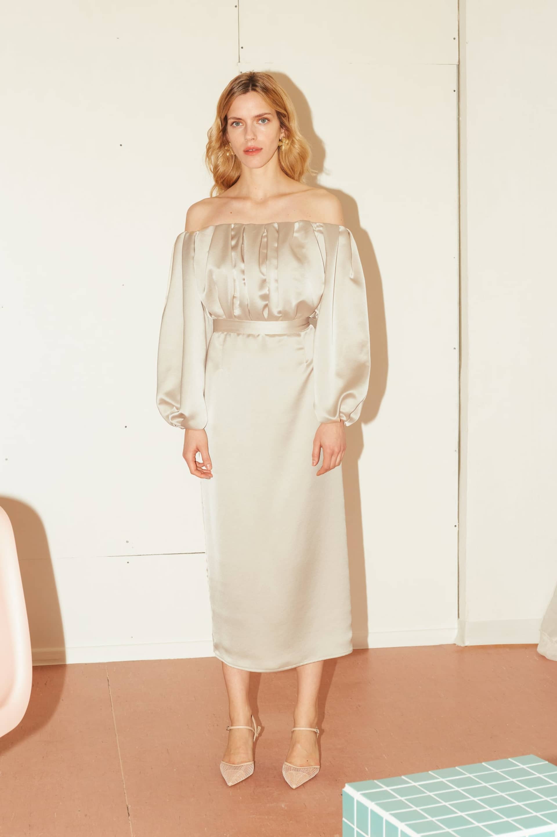 ALYA beige off shoulder midi dress in Beige made by UNDRESS