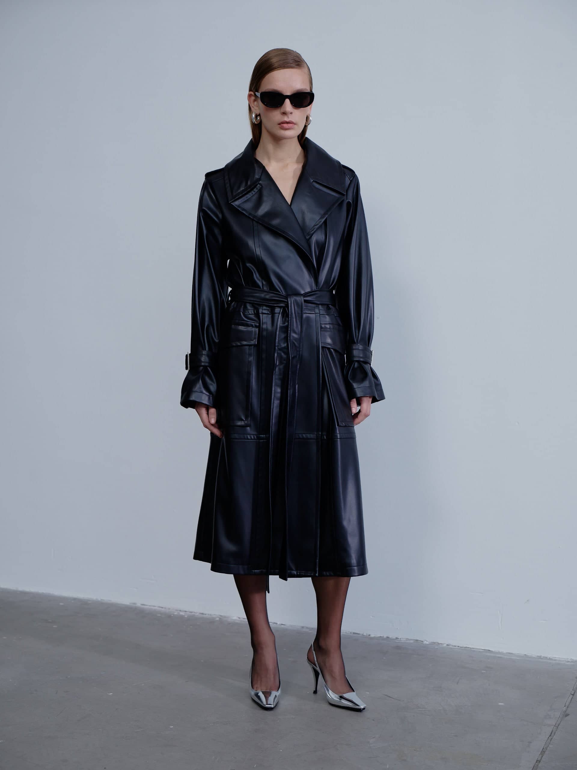 Cecile Vegan Leather Trenchcoat in Noire made by Nazli Ceren
