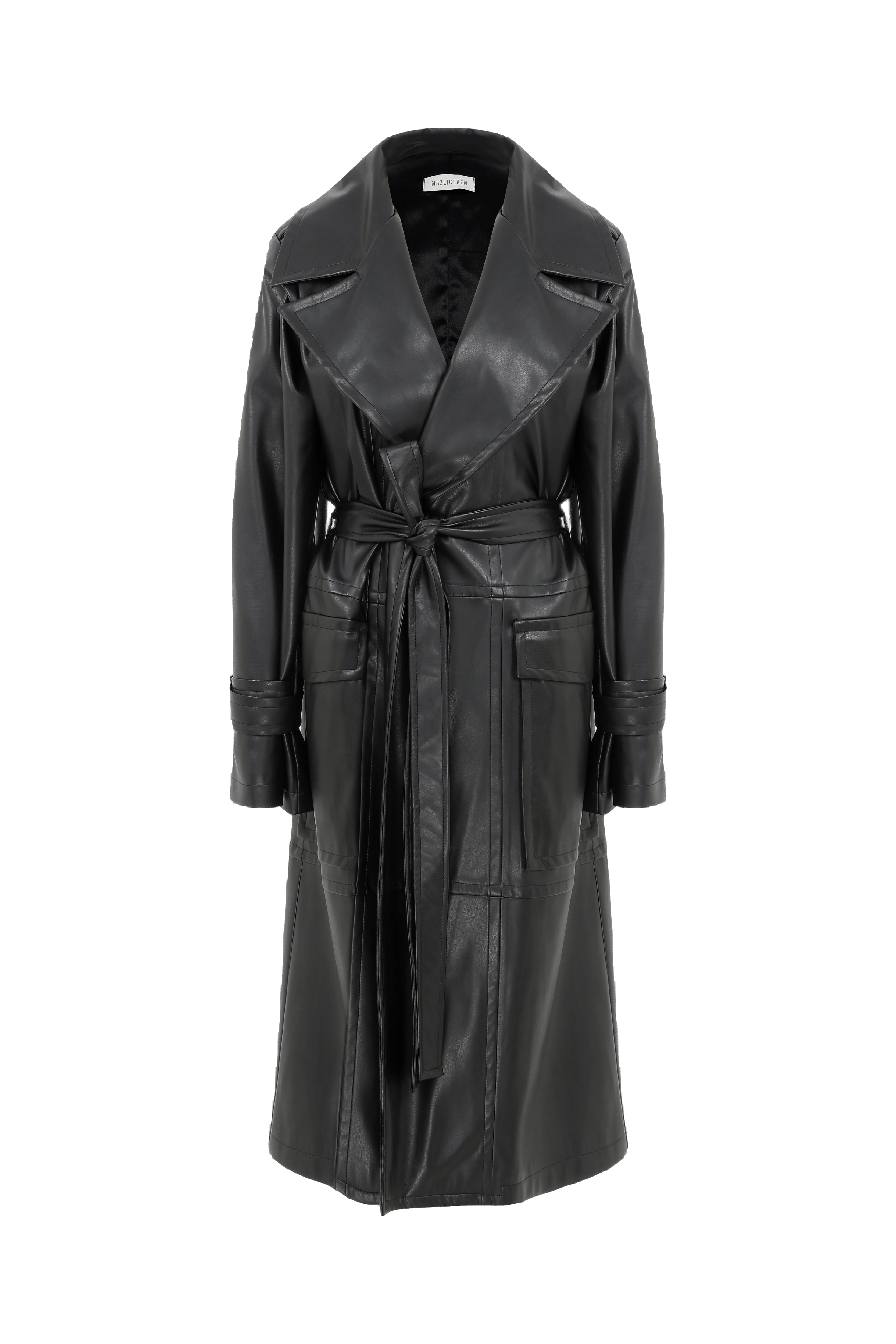 Cecile Vegan Leather Trenchcoat in Noire made by Nazli Ceren